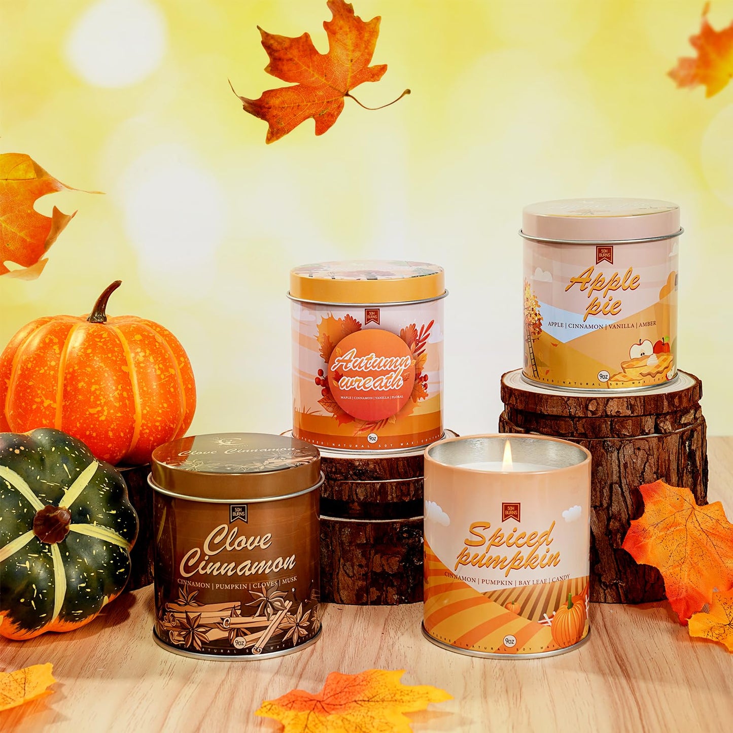 4 Pack Scented Fall Candles Set, 36oz Aromatherapy Soy Wax Candles for Home Scented, Halloween House Warming Gifts Birthday Candle for Women Halloween Apple Pie/Autumn Wreath/Cinnamon/Pumpkin Candle