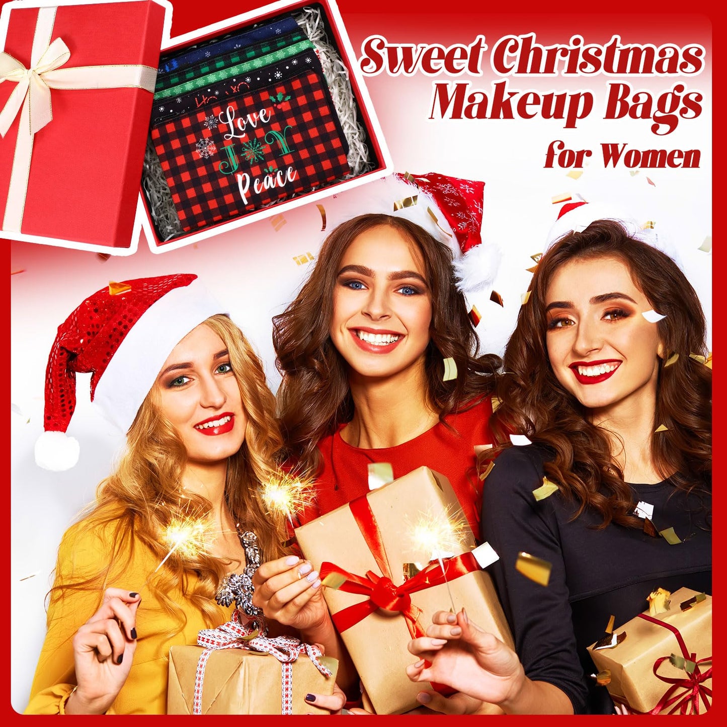 Reginary 60 Pcs Christmas Makeup Bags Bulk Xmas Cosmetic Bags 7 x 4.3 Inches Snowman Snowflake Santa Zipper Pouch Christmas Purses Gifts for Women