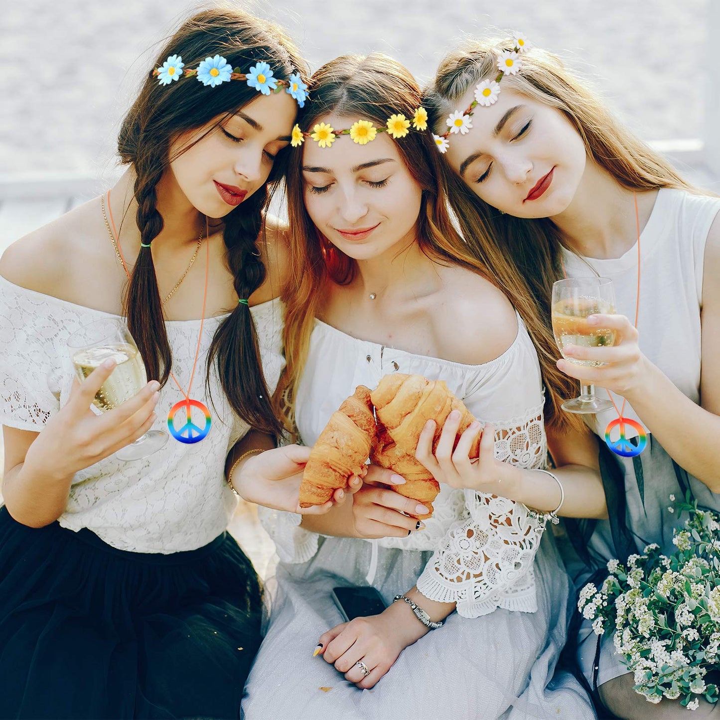 TUPARKA 30PCS Hippie Glasses Headband Costume Accessory Set Includes Multicolor Daisy Flower Headbands,Round Hippie Sunglasses and Peace Sign Necklaces for Hippie Party Supplies
