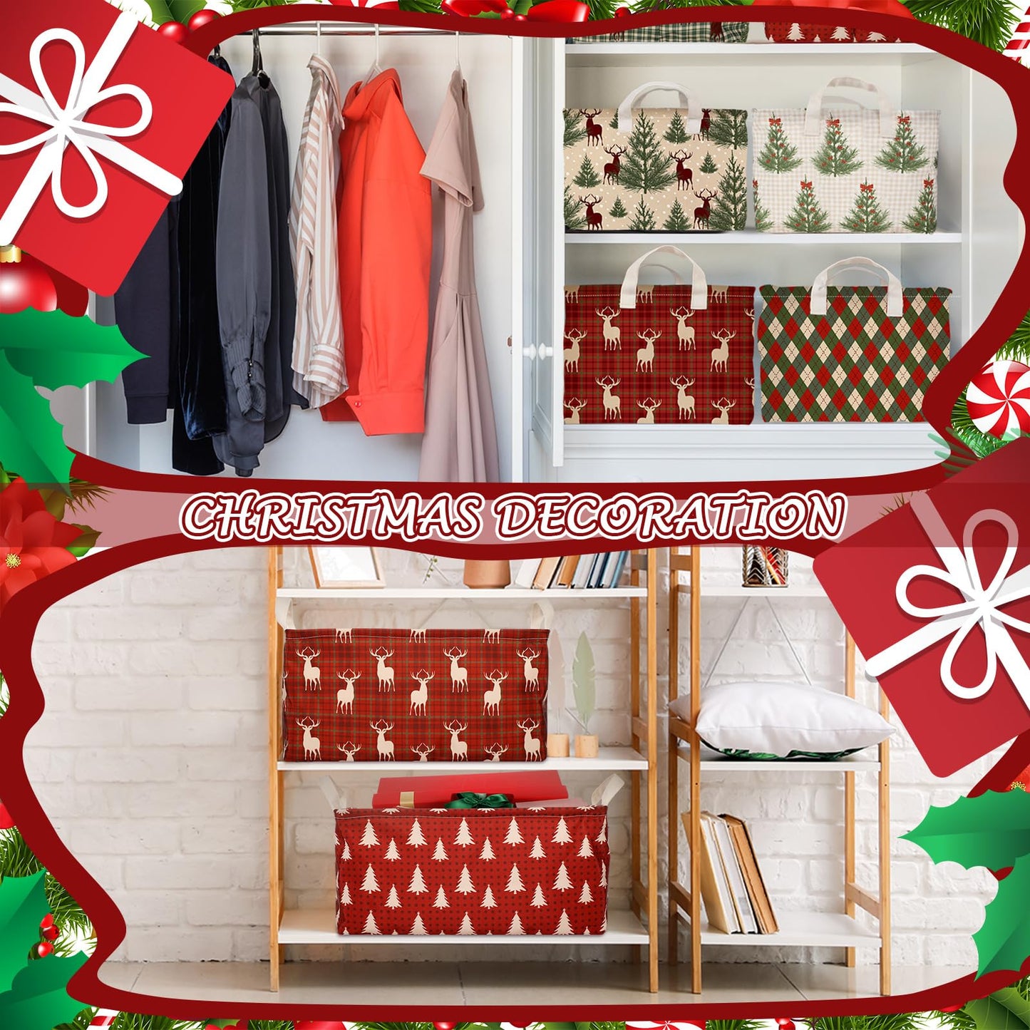 Boao 6 Pack Christmas Storage Bin Collapsible Large Christmas Storage Baskets for Gifts Canvas Laundry Basket Foldable Box with Handle for Office Home Bedroom Clothes