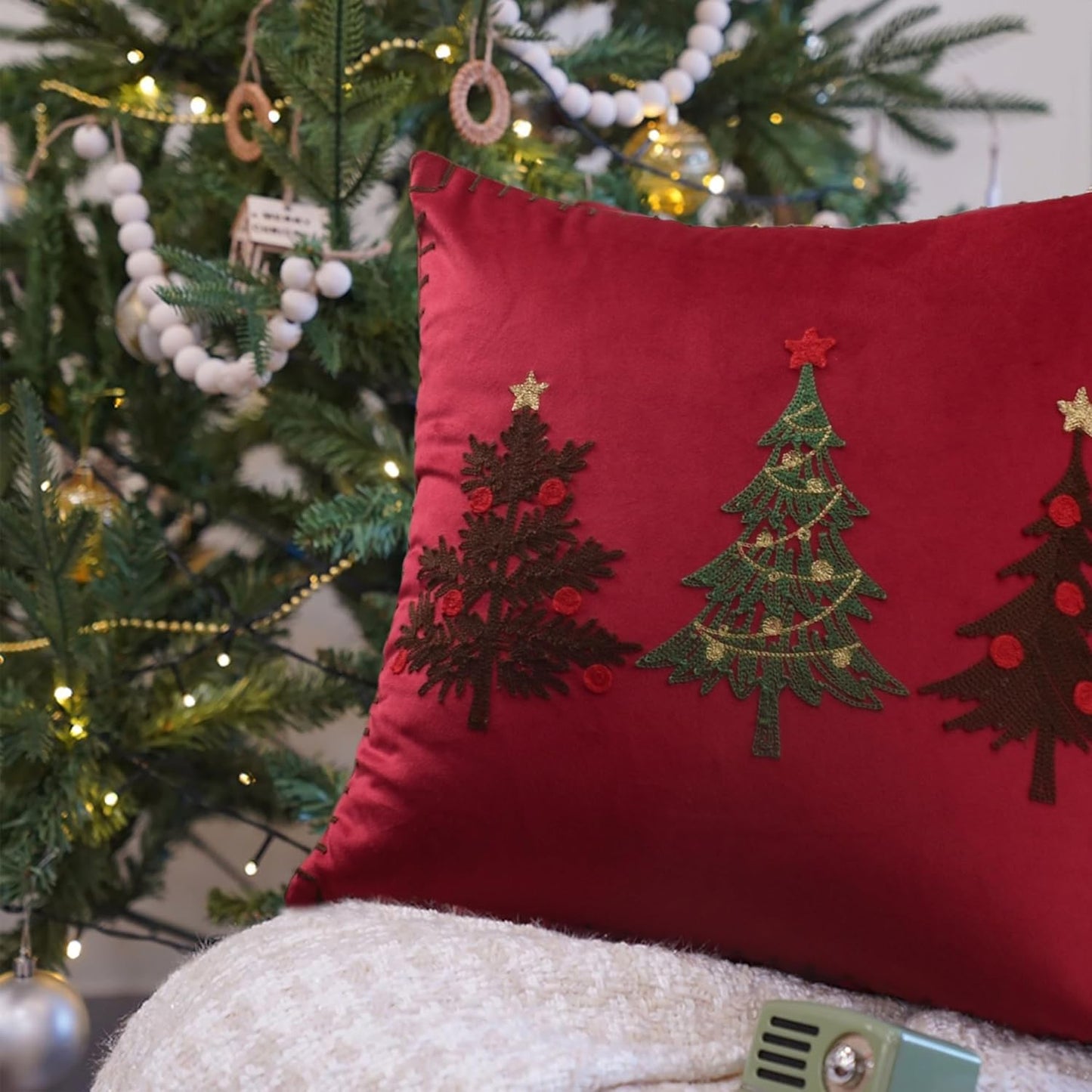 Christmas Pillow Covers 18x18 Inch - Red Embroidered Tree Throw Pillows for Holiday Decorations - Cushions for Couch, Sofa, Bed, Living Room, Bedroom