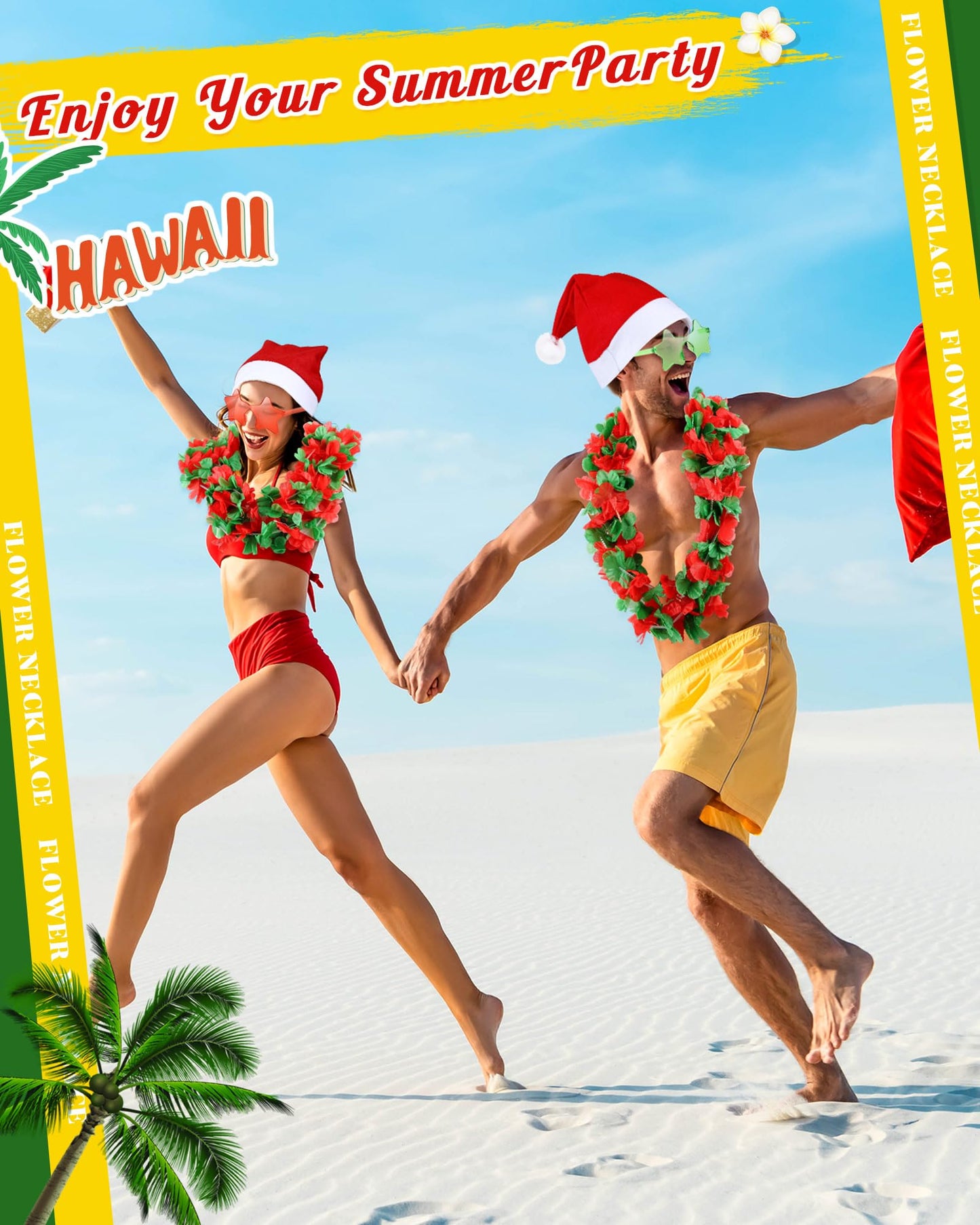 Mepase 18 Pcs Christmas in July Party Supplies Christmas Santa Hats Hawaiian Flower Leis Star Glasses for Adults Summer Party