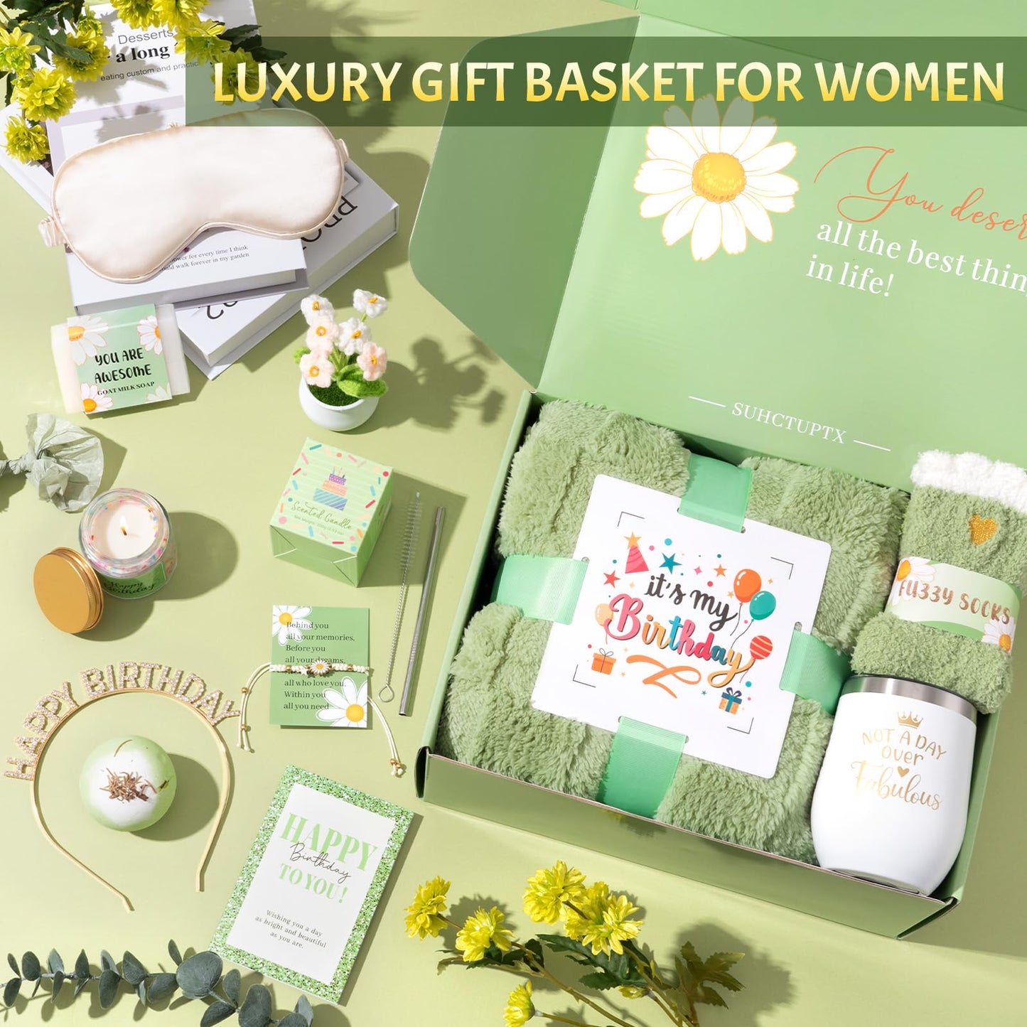 Birthday Gifts for Women, 12pcs Happy Birthday Gift Basket for Women Unique Gifts Set Ideas Relaxing Birthday Box w/ Blanket for Her Mom Best Friends Female Sister Coworker Her Friendship