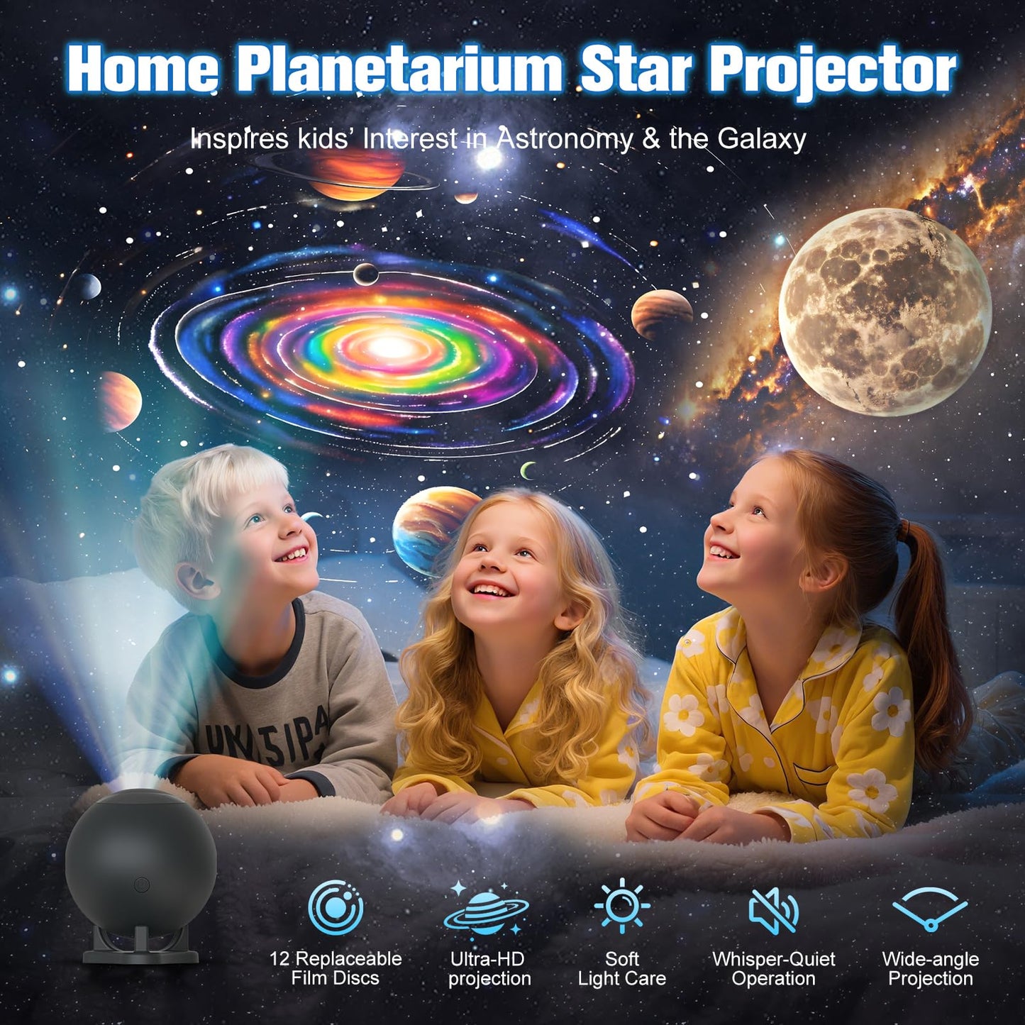 Planetarium Projector for Bedroom, 12 Image Discs, Galaxy Projector Star Night Light, Ceiling Mood Lighting, LED Space Galaxy Lamp, Kids Adults Room Decor