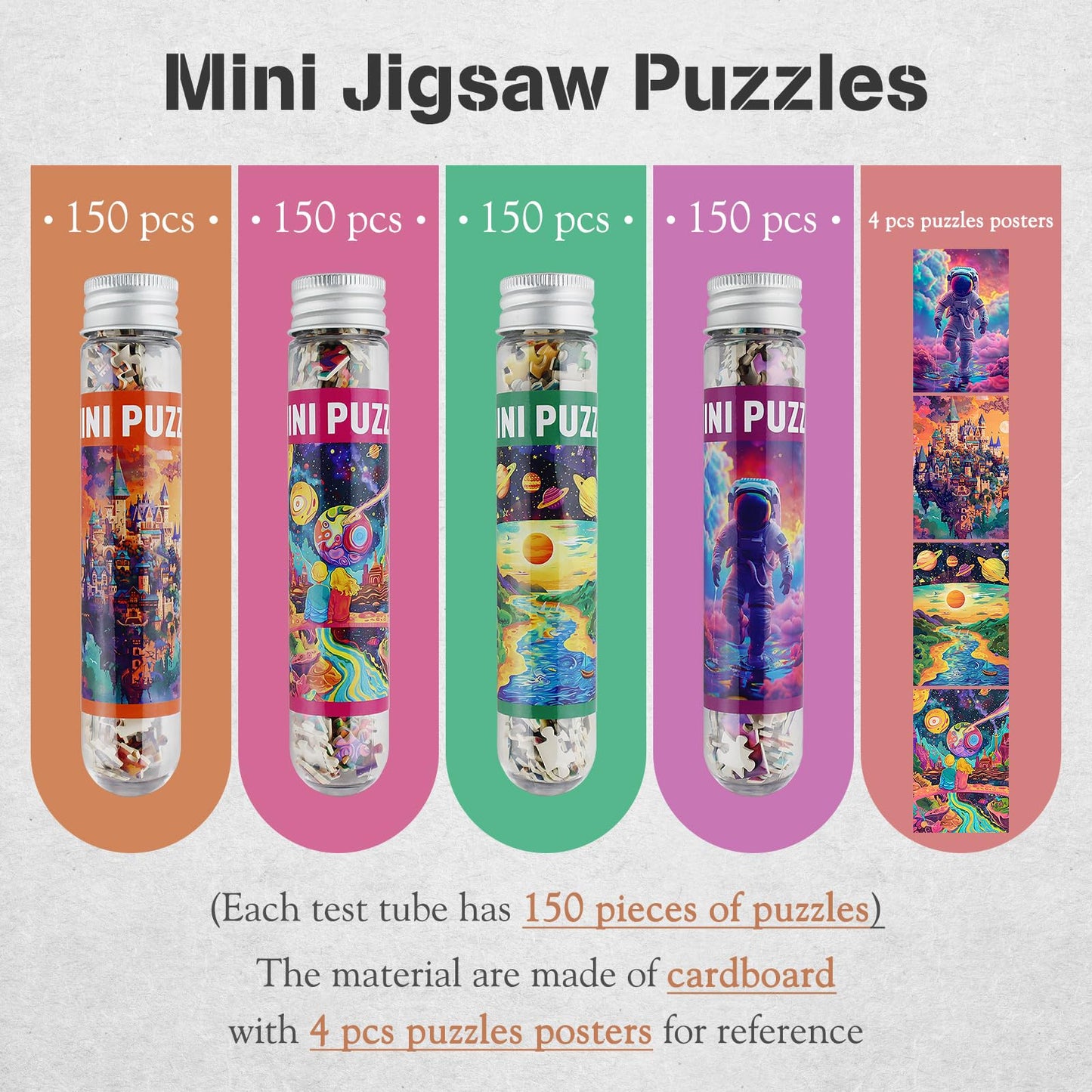 MISITU Small Jigsaw Puzzles for Adults Challenging Puzzle Small Puzzles Mini Jigsaw Puzzles 150 Pieces Micro Tiny Puzzle Art Puzzles Travel Puzzle Astronauts 6 x 4 Inches, 4 Packs