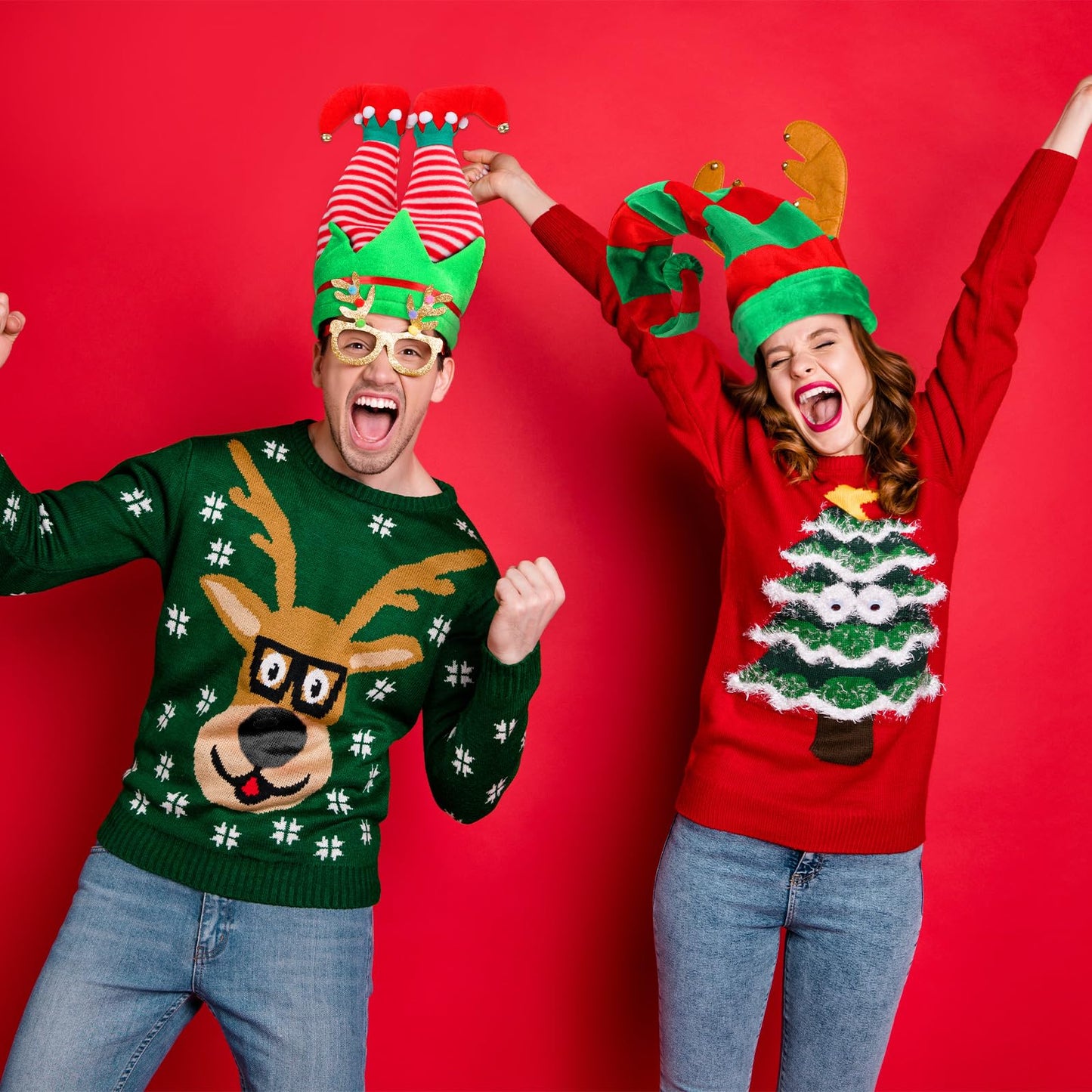 Funtery 8 Pieces Christmas Santa Unisex Hat Funny Long Striped Elf Pants Hat Christmas Tree Tinsel Accessories for Women Men Xmas Costume Party Supplies