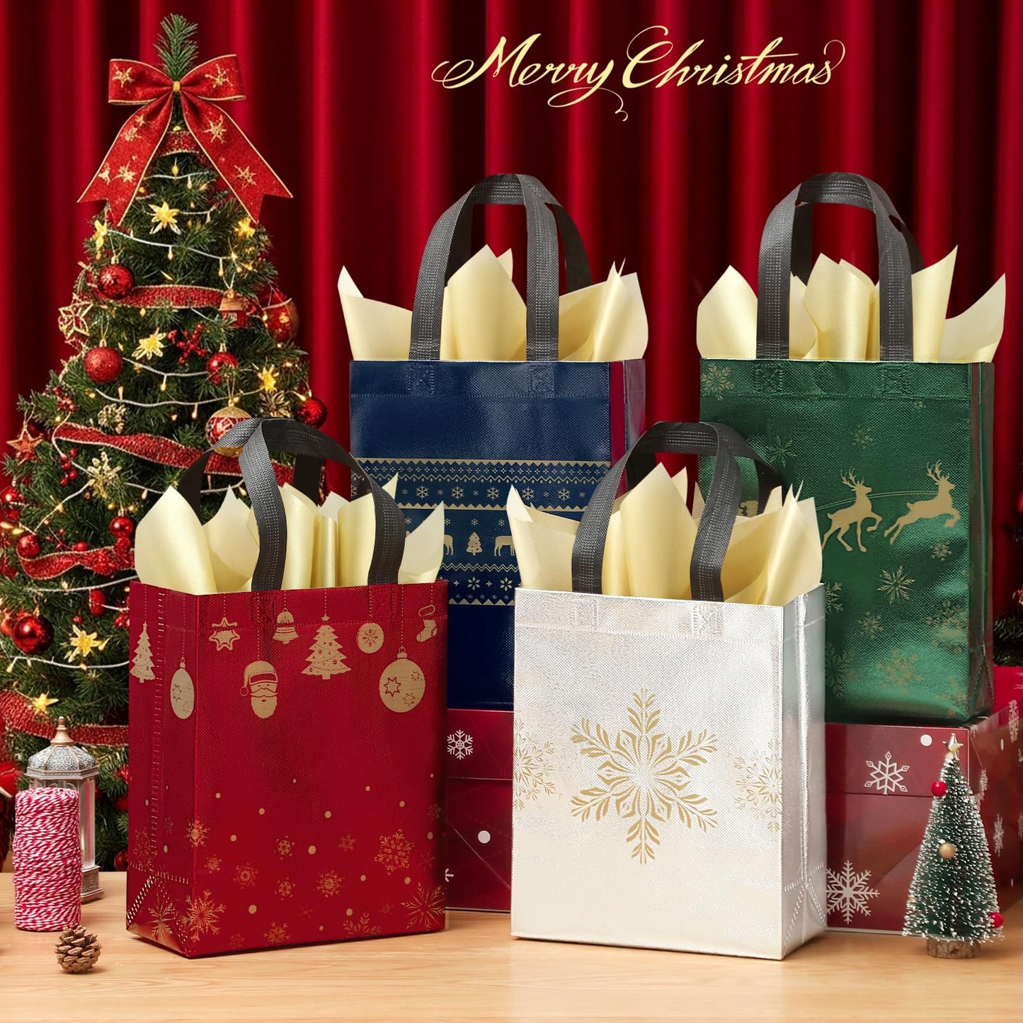 STYPOP 16 Pack 10" Christmas Gift Bags Medium Size with Tissue Paper, Reusable Non-Woven Christmas Tote Bags with Handles, Perfect for Holiday Gift Wrap/Party Favor Supplies, 10.2" × 8.3" × 4"