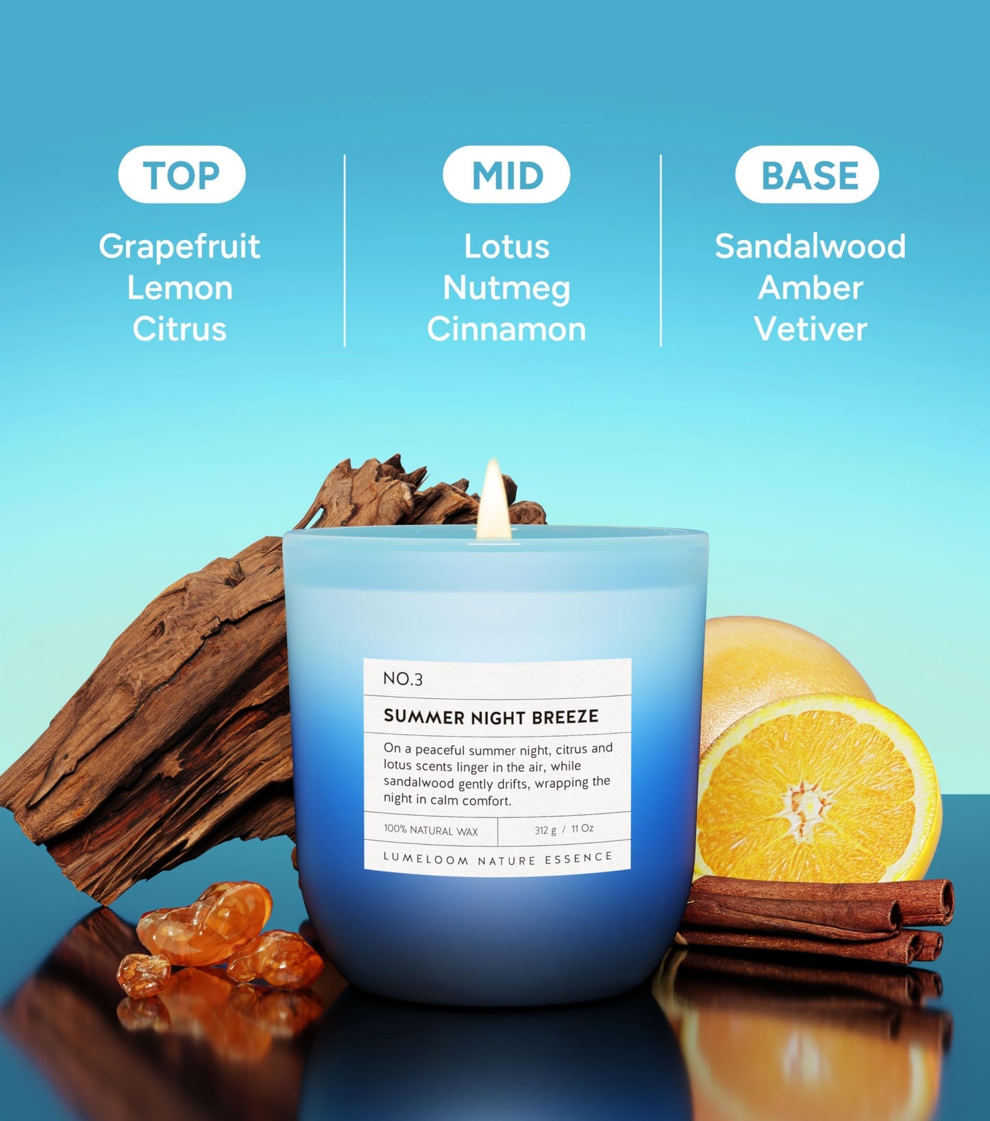 LUMELOOM Summer Night Breeze Scented Candle, 11oz Aromatherapy Soy Wax Candles for Home Scented, Long Lasting, Fathers Day, Fruits, Flower, Wood Scent Gift for Men, Women, Relaxation & Stress Relief