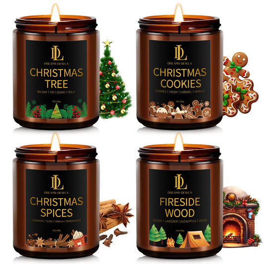 Holiday Candle Set, Winter Scented Candle, 4 Pack Soy Candles for Home Scented, Holiday Candles Gifts for Women Men, Winter Scents of Christmas Tree/Cookies/Spices/Fireside Wood