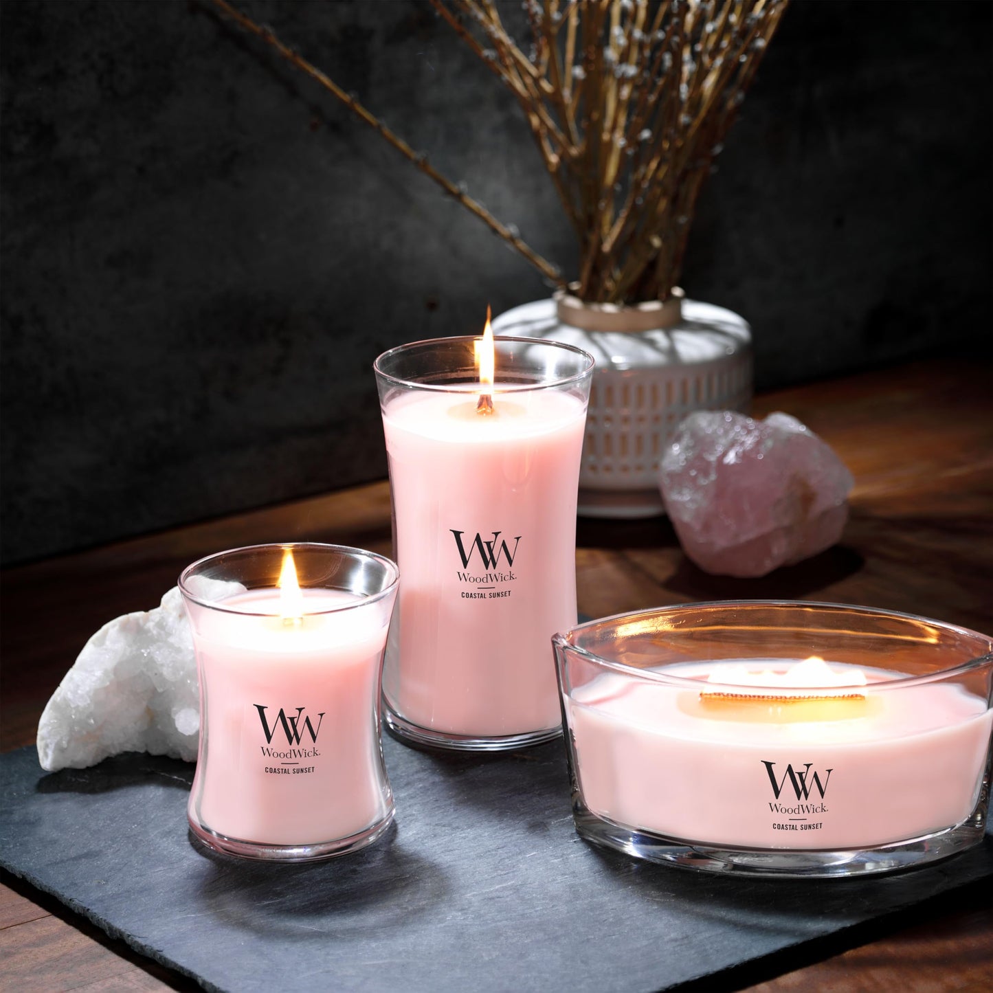 WoodWick Large Hourglass Candle Coastal Sunset Scent Crackles as it burns Premium Soy Blend Wax 21oz Perfect for gifting