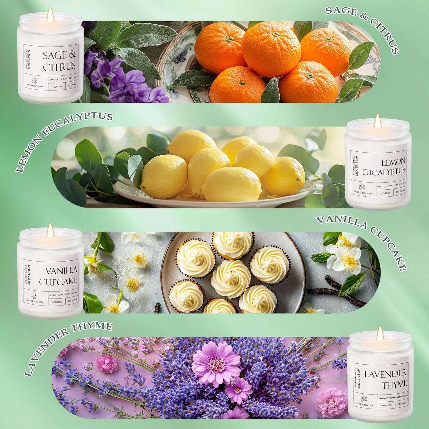 Molensun 4 Pack Candles for Home Scented, Mother's Day Gifts, 28 oz Long Lasting Candles, Soy Candle Set Gift for Women - Lavender Thyme/Lemon Eucalyptus/Sage &Citrus/Vanilla Cupcake