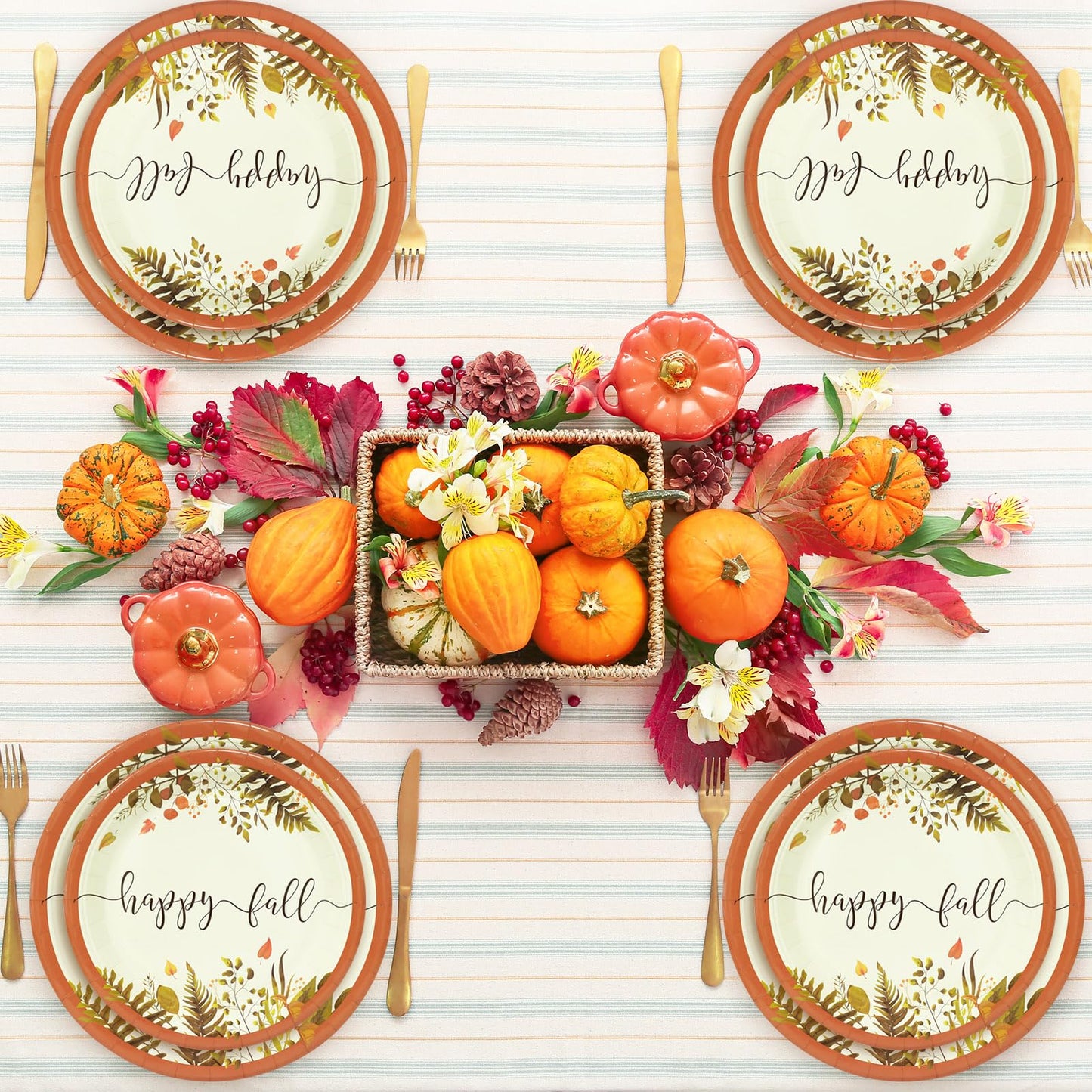 Whaline 24 Sets Fall Thanksgiving Paper Plates Cups and Napkins Party Decorations Rustic Autumn Leaves Disposable Paper Plates Happy Fall Paper Cups and Napkins for Holiday Wedding Birthday Party