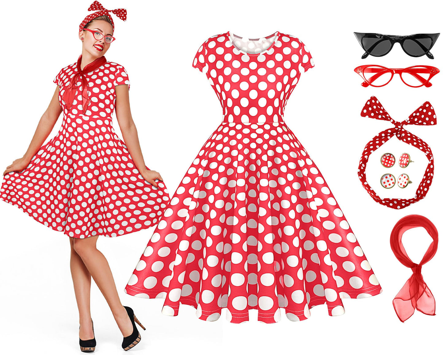 JenPen 7 Pcs 50s Women Costume Vintage Polka Dot Cocktail Dress Retro 50s Chiffon Scarf Cat Eye Glasses Headband Earring(L)