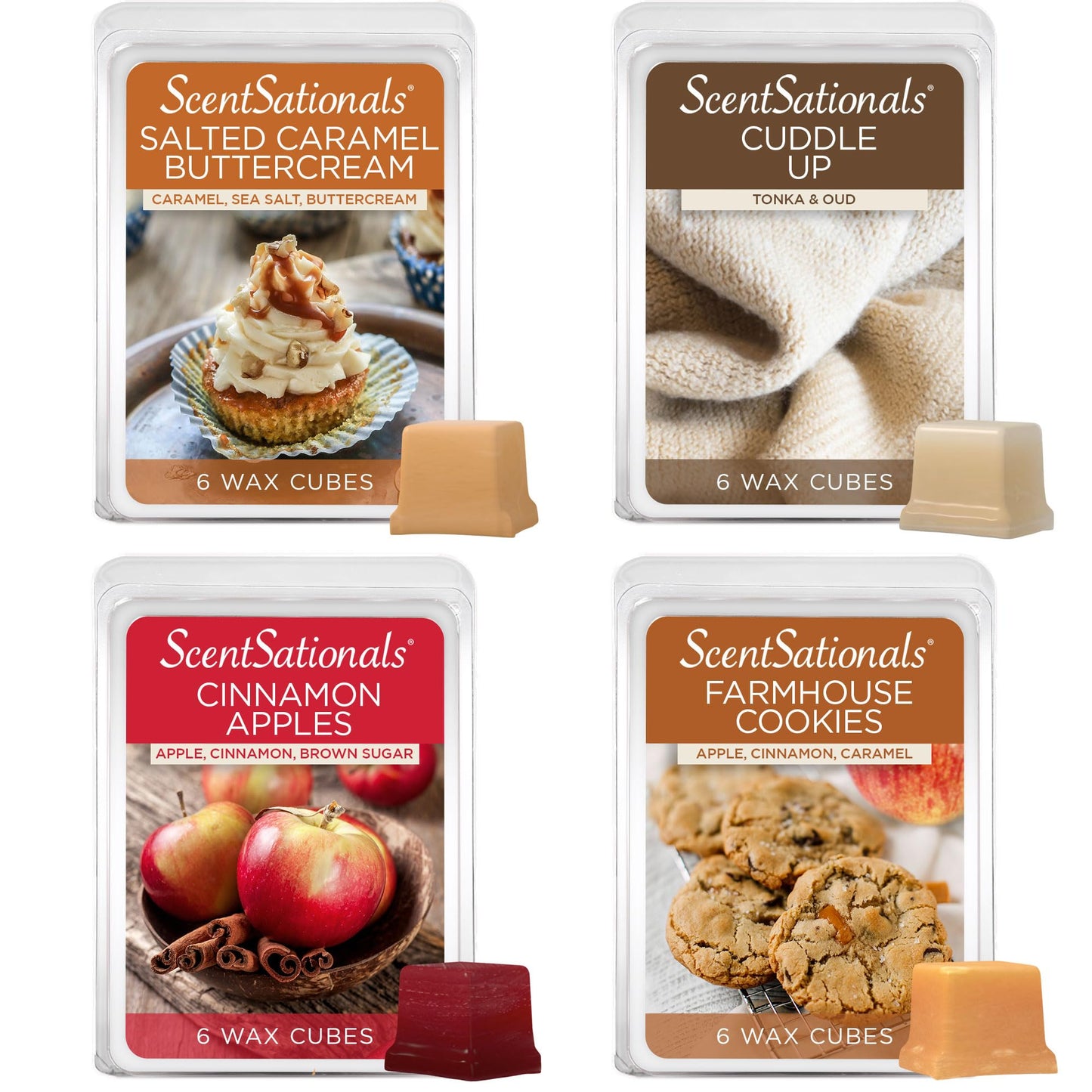 ScentSationals Wax Melts Home Sweet Home 4pk – Long-Lasting, Strong-Scented Wax Cubes for Warmers, Includes Cuddle Up, Cinnamon Apples, Salted Caramel Butter Cream & Farmhouse Cookies, 10oz (24 cubes)