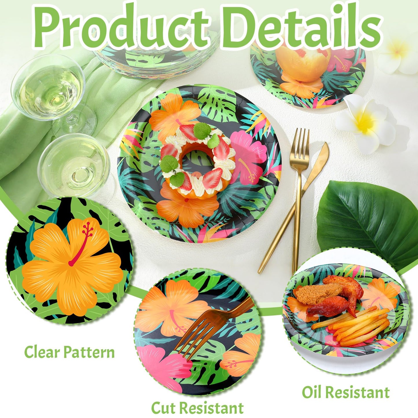 Honoson 100 Pcs Tropical Nights Paper Plates Hawaiian Party Supplies 7 Inch 9 Inch Disposable Luau Party Paper Plates for Summer Holiday Beach Bbqs Pool Tableware Supplies