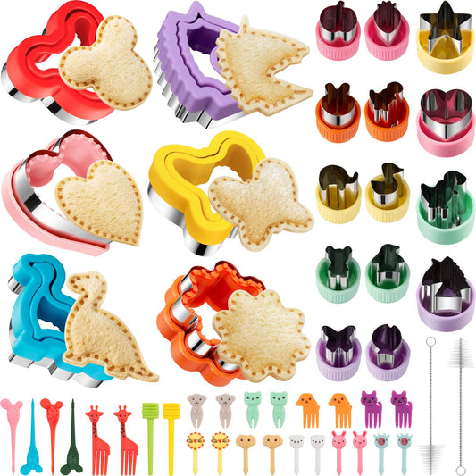 48Pcs Sandwich Cutter and Sealer Set for Kids, Decruster Sandwich Maker Holiday Cookie Cutters Fruit Vegetable Food Cutter Shapes for Boy & Girls Bento Lunch Box w/Mickey Mouse Dinosaur Unicorn Heart