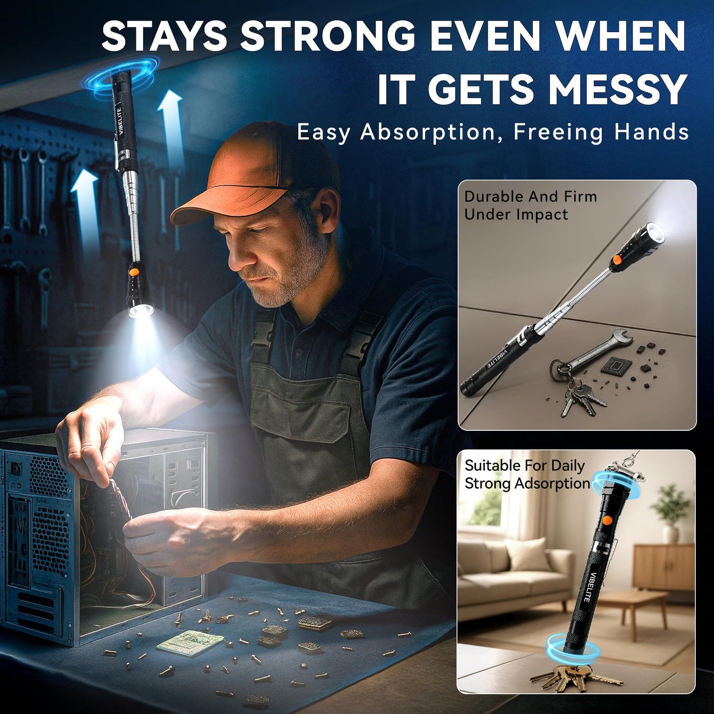 VIBELITE Extendable Magnetic Flashlight with Telescoping Magnet Pickup Tool-Cool Gadget Birthday for Men, Dad, Husband, Him, Father, Mechanic,Tech, Handyman, Boyfriend, Women, Black