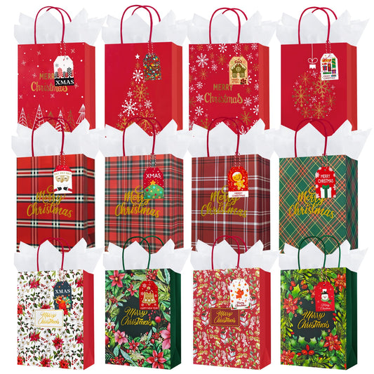 OFIHANLY 24 Pack 9" Small Size Merry Christmas Gift Bags Bulk with Handles for Xmas Holiday Presents Cute Paper Wrapping Bags with Tissue Paper and Tags for Kids