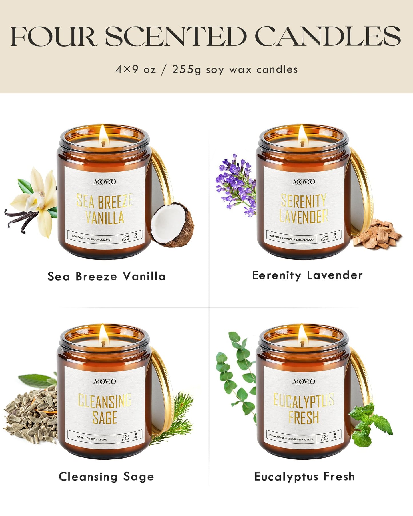 AOOVOO Scented Candles - 4PC Candle Set, 36 oz Soy Candles, Soy Candle for Home Scented, Lavender/Vanilla/Eucalyptus/Sage