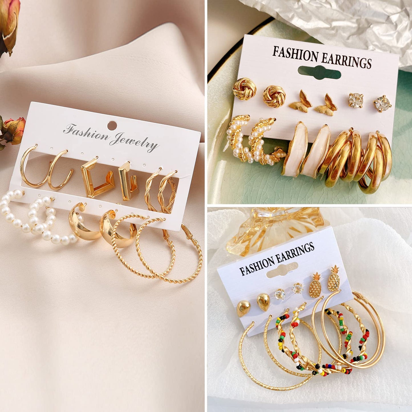 JMScape 34 Pairs Gold Hoop Earrings Set for Women, Fashion Drop Dangle Earring Packs Black Hearts Earrings Multipack Hypoallergenic Earrings for Valentine's Day Gifts