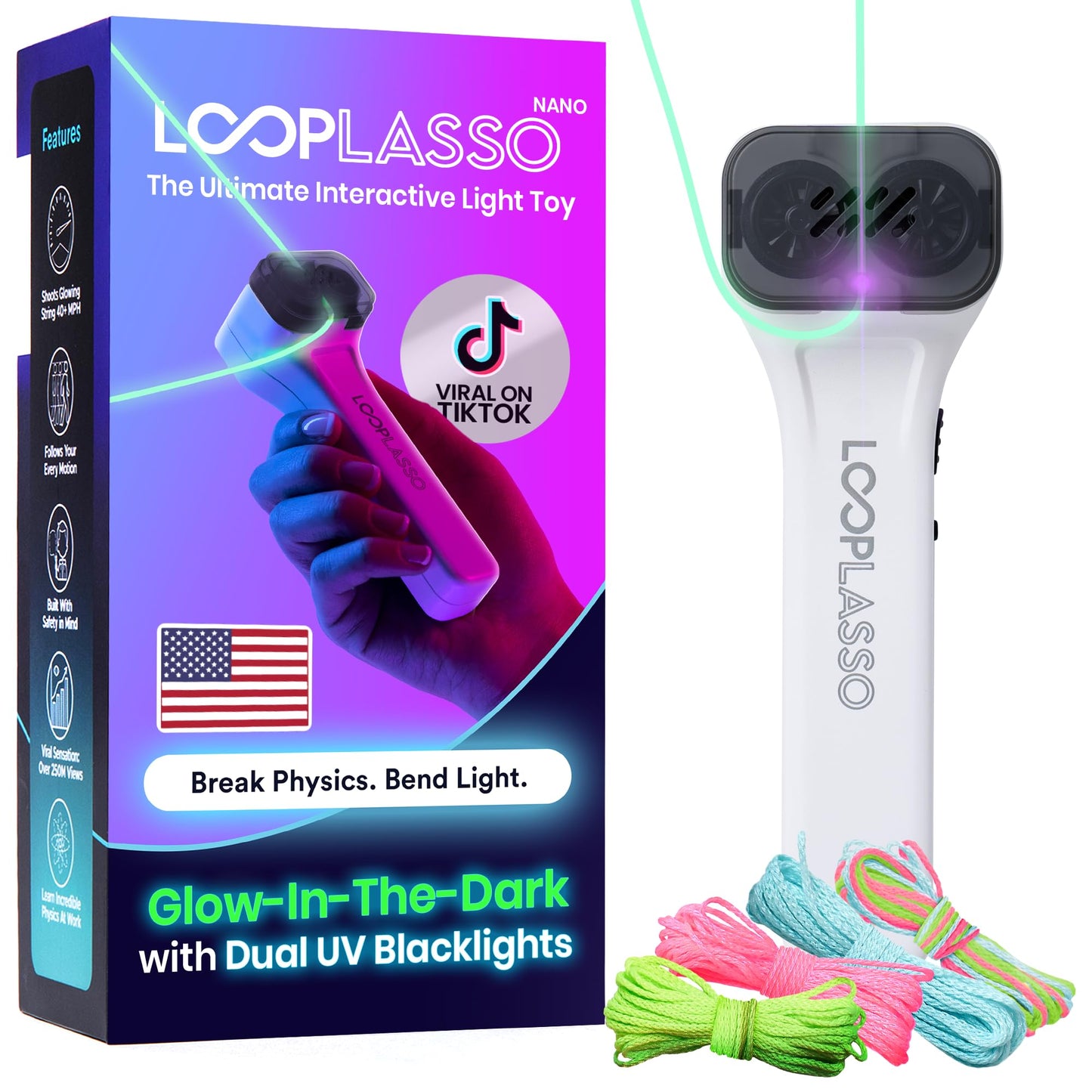 Loop Lasso NANO Glow in the Dark Rave Toys with Built-in UV Blacklight - Interactive Rope Launcher STEM Toy - Viral Flow and String Shooter Toy for Kids and Adults