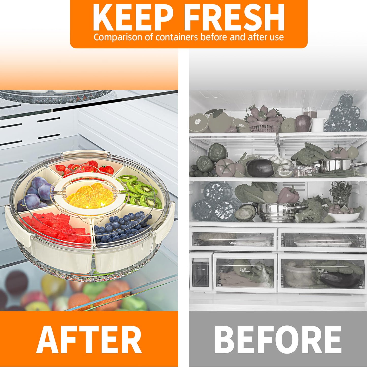 riyeloi Divided Serving Tray with Lid and Handle, Stackable Snackle Box Container for Fruits Candy Organizer, Portable Spinning Rounded Veggie Tray for Kitchen, Party, Trave and Picnic-1 PACK