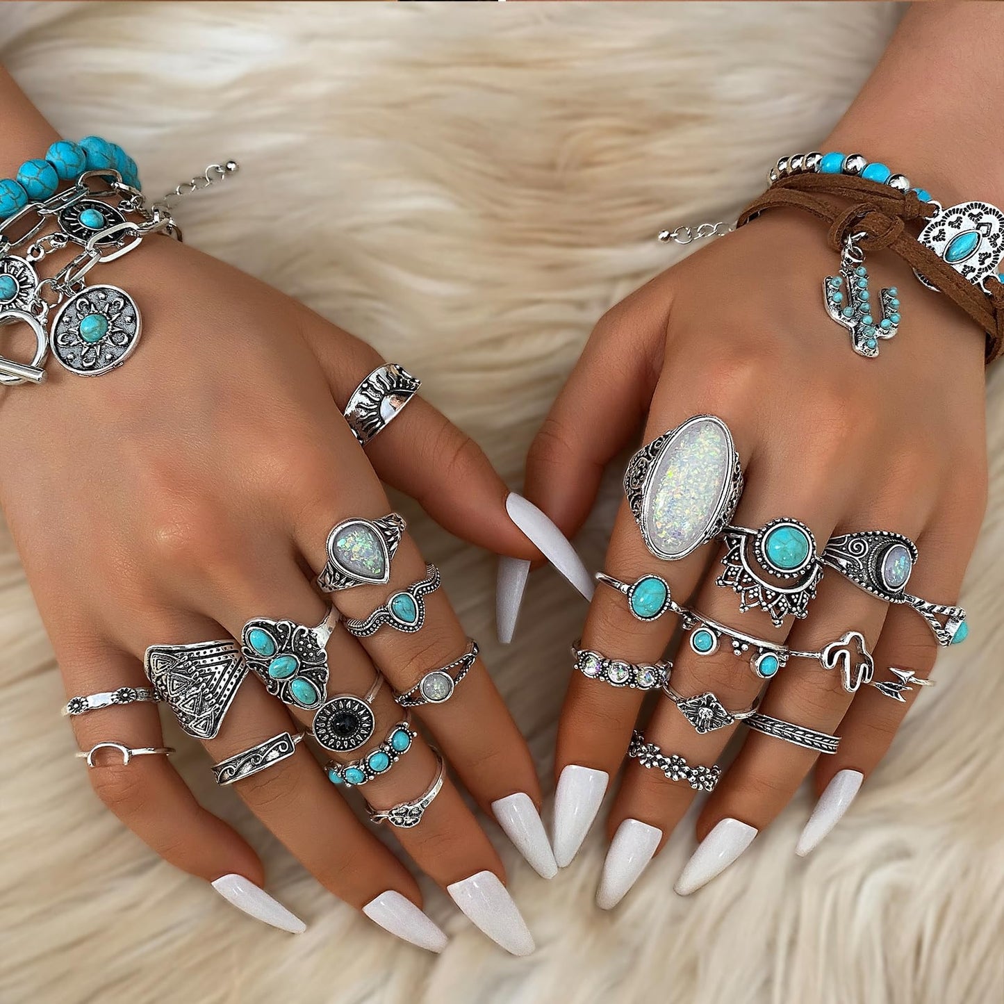 IFKM 50 PCS Silver Bohemian Jewelry Set With 7pcs Turquoise Necklace,12 pairs Dangle Earrings, 7pcs Stackable Bangle Bracelets, 24pcs Knuckle Rings For Women Vintage Western Boho Turquoise Anniversary Birthday Friendship Gift (Bohemian style)