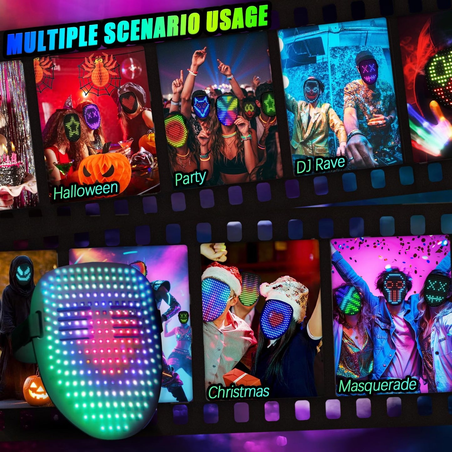 Ompusos LED Mask with Gesture Sensing Transforming Light Up Face Mask for Halloween Rave, Birthday and Masquerade Parties