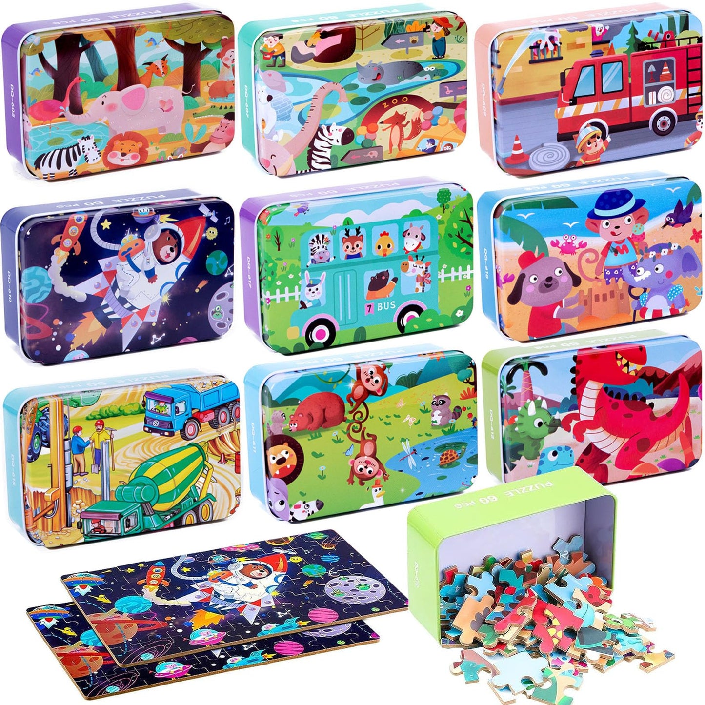 Libima 9 Boxes Party Favors Jigsaw Puzzles in a Metal Box for Age of 4-8 Wooden Puzzle for Ages 4-8 Boys and Girls Learning Educational Toys 9 Styles(Cute Style)