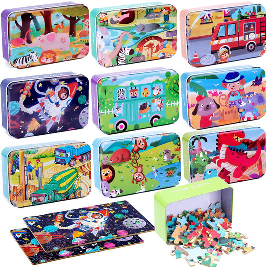 Libima 9 Boxes Party Favors Jigsaw Puzzles in a Metal Box for Age of 4-8 Wooden Puzzle for Ages 4-8 Boys and Girls Learning Educational Toys 9 Styles(Cute Style)