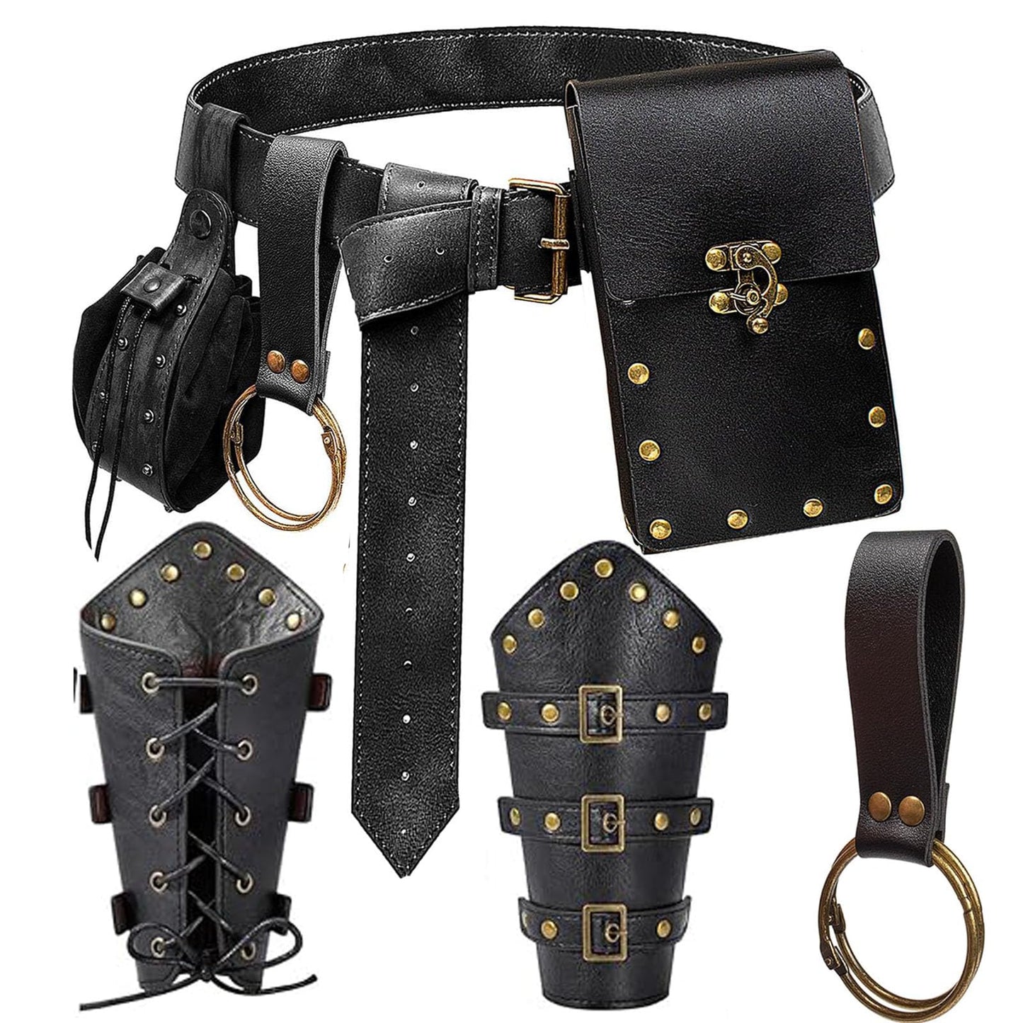 Renaissance Belt Pouch Purse Viking Bracer Hook Halloween Set Medieval Festival Costume Accessory Casual Fanny Pack Waist Bag (Dual-Black)