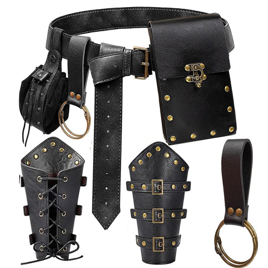 Renaissance Belt Pouch Purse Viking Bracer Hook Halloween Set Medieval Festival Costume Accessory Casual Fanny Pack Waist Bag (Dual-Black)