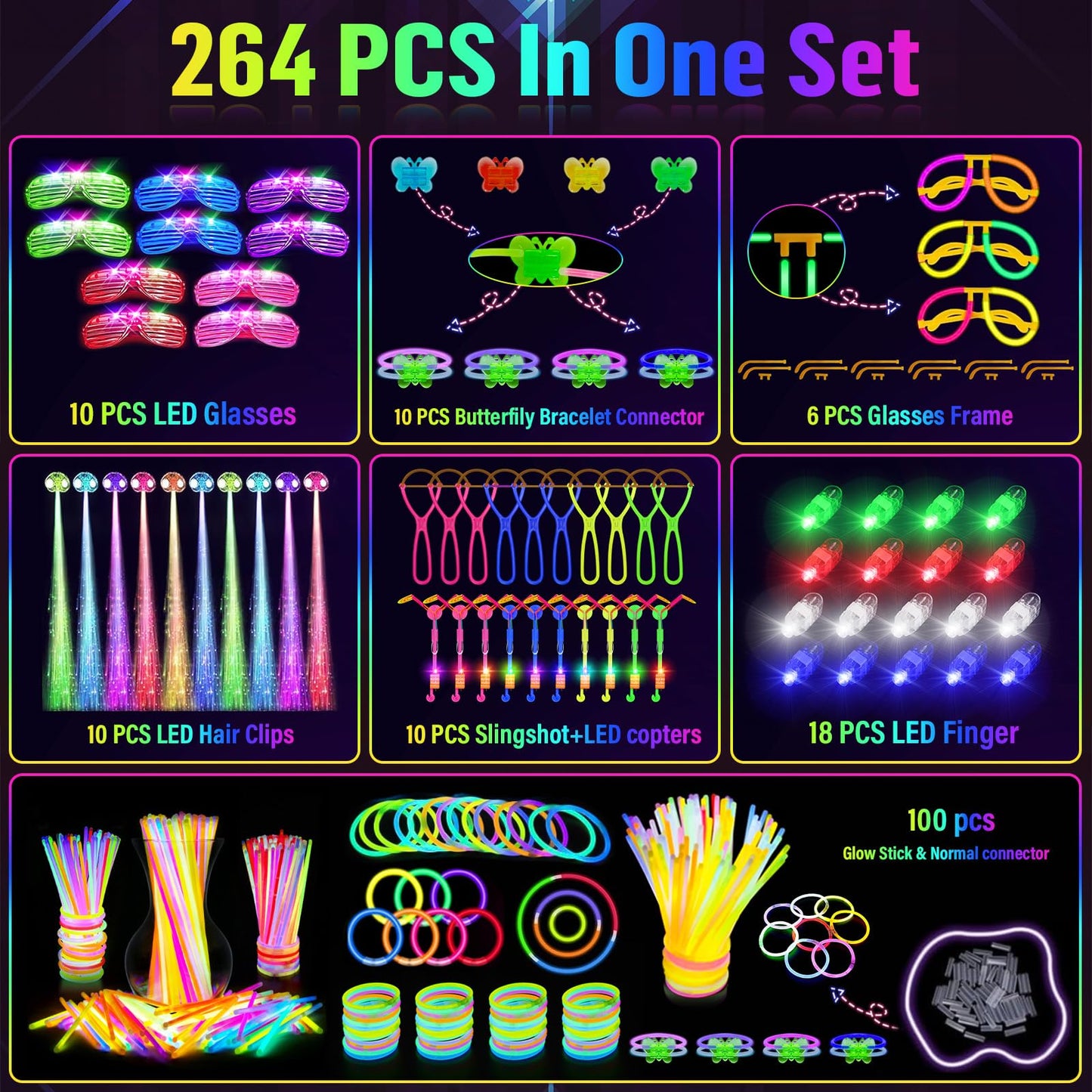 OLUPP Glow in the Dark Party Supplies, 264 PCS Light Up Party Favors with LED Glasses,Glow Sticks,Finger Lights,LED Hair Clips,Slingshot,Glasses Molds,Butterfly Bracelet for Birthday,Raves,New Year