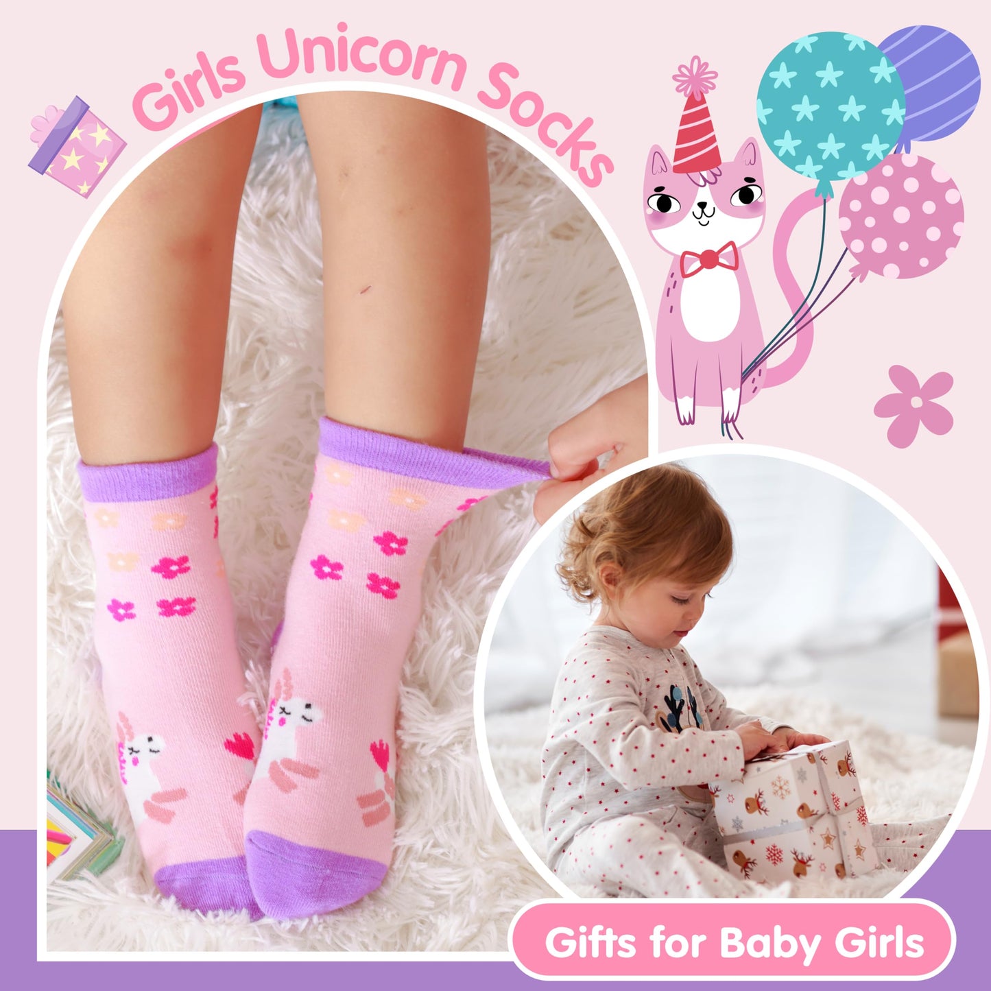 Welwoos Baby Girls Toddlers Grips Socks Kids Non Slip Anti Skid Funny Animal Cartoon Gift Cotton Socks with Grippers 12 Pairs Stocking Stuffers (Flower,3-5 Y)