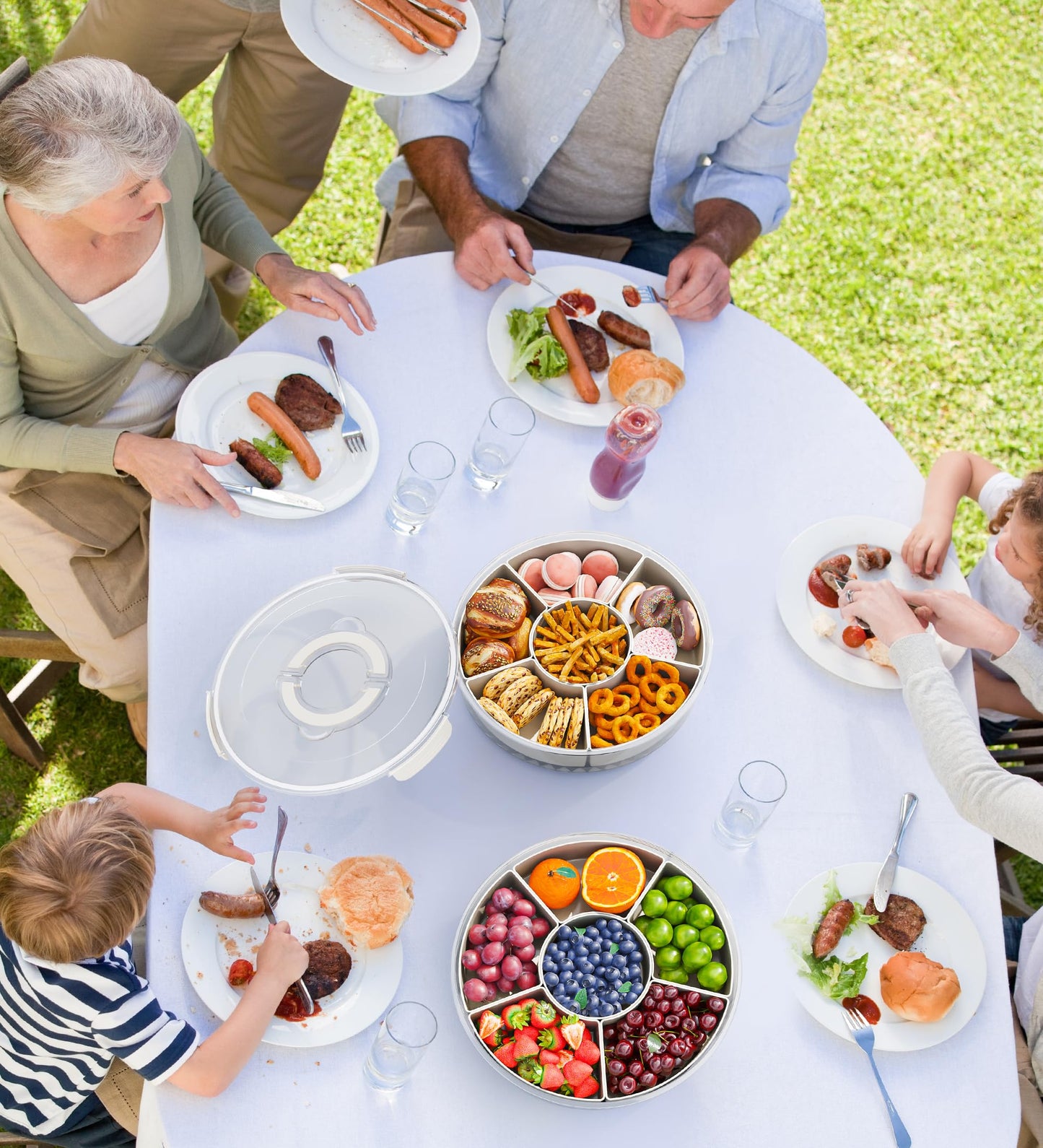 Divided Rotating Serving Tray with Lid and Handle, Portable Snackle Box for Fruits Snacks Veggie Charcuterie, Clear Lazy Susan Organizer and Fridge Storage Container for Adults Child (1PCS,12" L