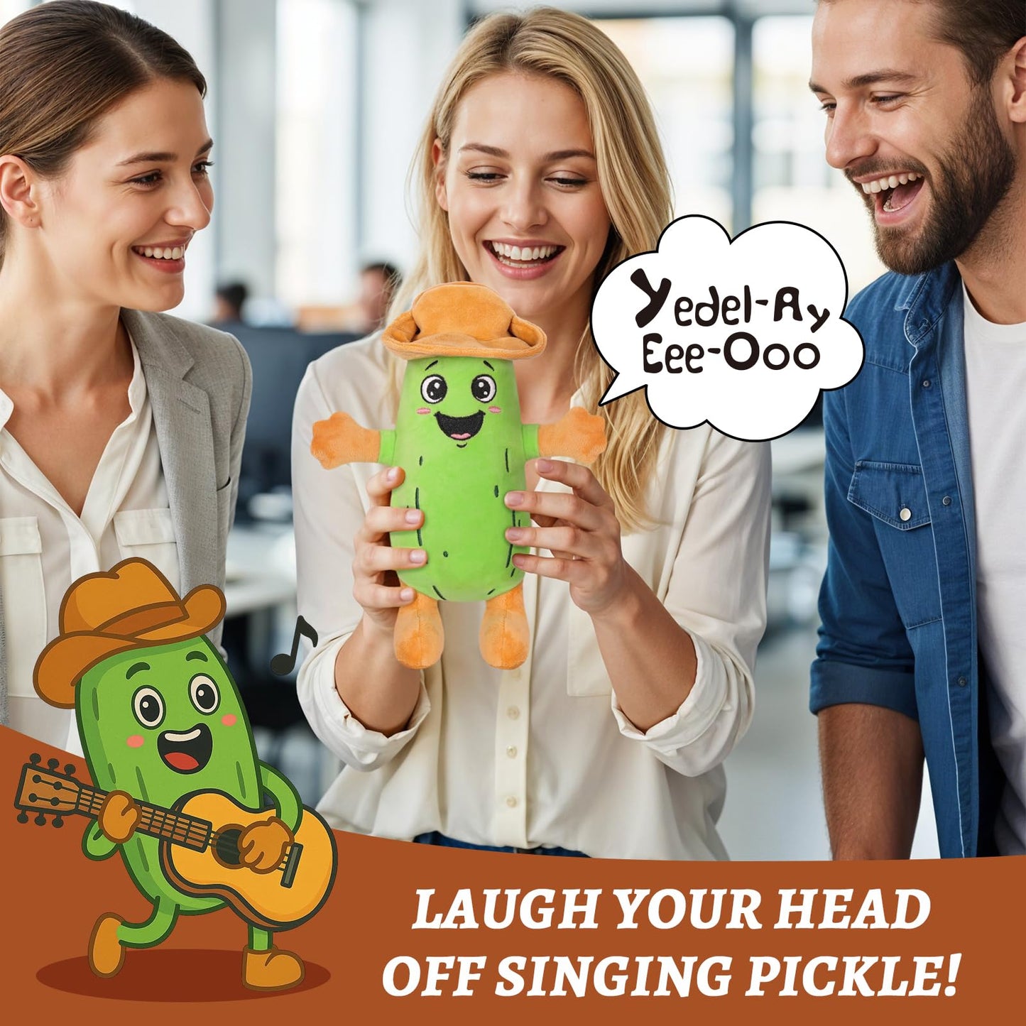 A AIFAMY Yodeling Plush Pickle - 10”Hilarious Singing Cucumber Toy - Funny Gag Gift Idea for Pickle Lovers, Adults, Friends and Family, Batteries Including
