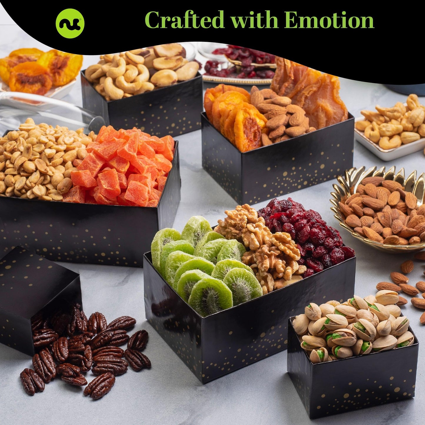 NUT CRAVINGS - Dried Fruit & Mixed Nuts Gift Basket in Black Tower + Ribbon (12 Assortments) Food Arrangement, Healthy Snack Care Package, Food Assortments