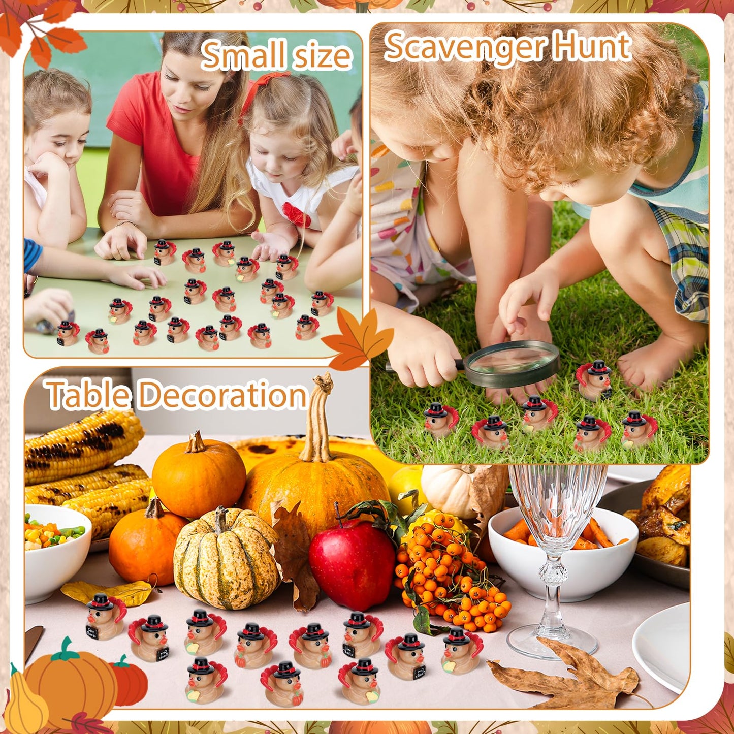 GGSTDDUP 60 Pcs Thanksgiving Mini Resin Ducks, Tiny Turkey Ducks, Miniature Turkey Figurines, Novelty Thanksgiving Party Favors Gift Decoration (Give Thanks, Corn, Pumpkin)