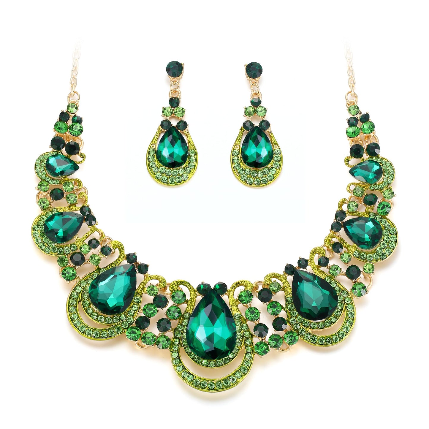 BriLove Costume Fashion Large Big Jewelry Set for Women Crystal Teardrop Hollow Scroll Statement Necklace Dangle Earrings Emerald Color Gold-Toned