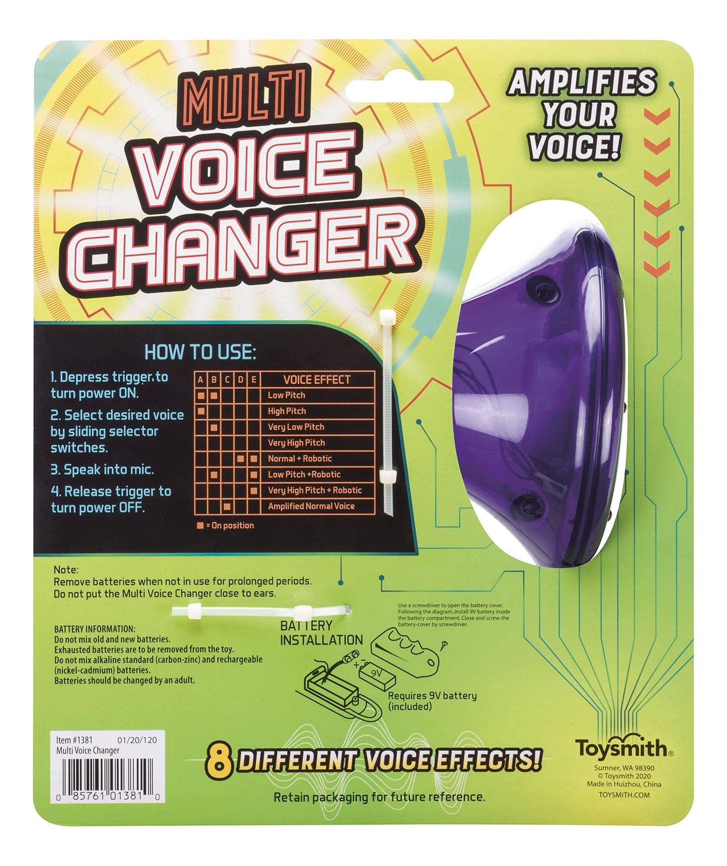 Toysmith Tech Gear Multi Voice Changer – Megaphone Toy with 8 Voice Effects and LED Lights – Fun Outdoor Toy for Kids Ages 5+ – Cool Gag Gifts or Birthday Gift Idea – Colors May Vary, Battery Included
