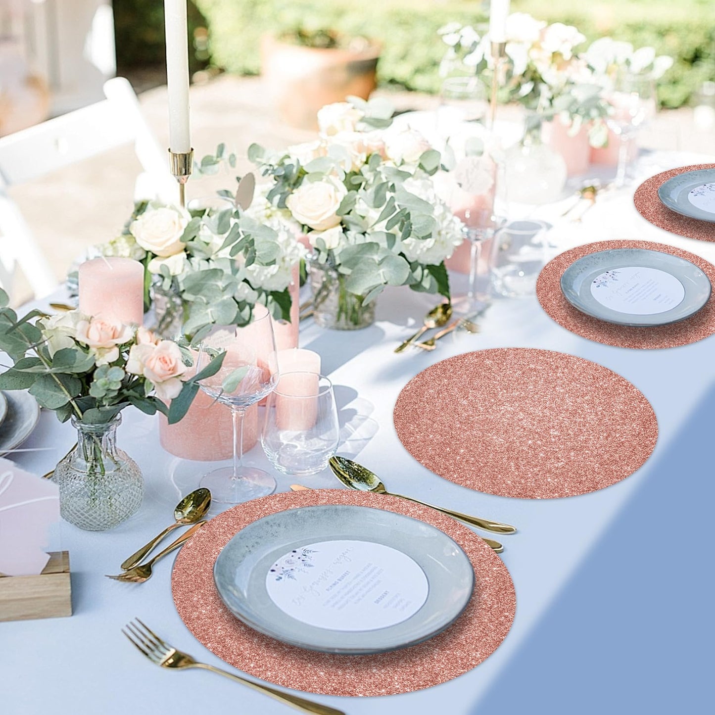 SMUAENSS 100 PCS Rose Gold Paper Placemats Disposable, 13.5" Round Disposable Table Mats, Rose Golden Shiny Table Mats for Birthday Wedding Holiday Party Home Dining Tableware