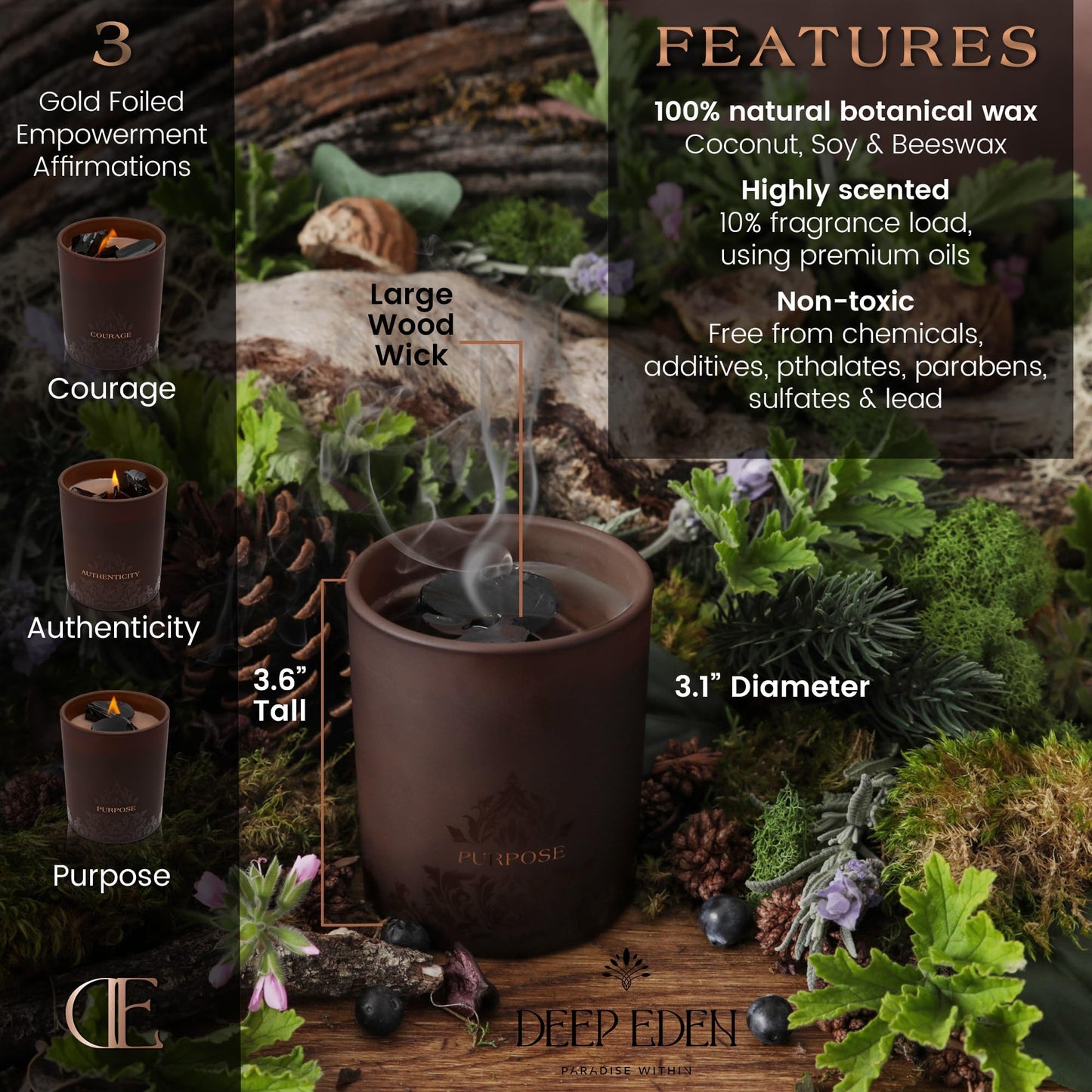 Deep Eden Empowerment Crystal Candle, 7.4 Oz, Brown - Forest Mahogany Scented Candle - Candles for Men with Wooden Wick, Black Tourmaline, Essential Oils & Premium Botanical Soy, Coconut and Beeswax