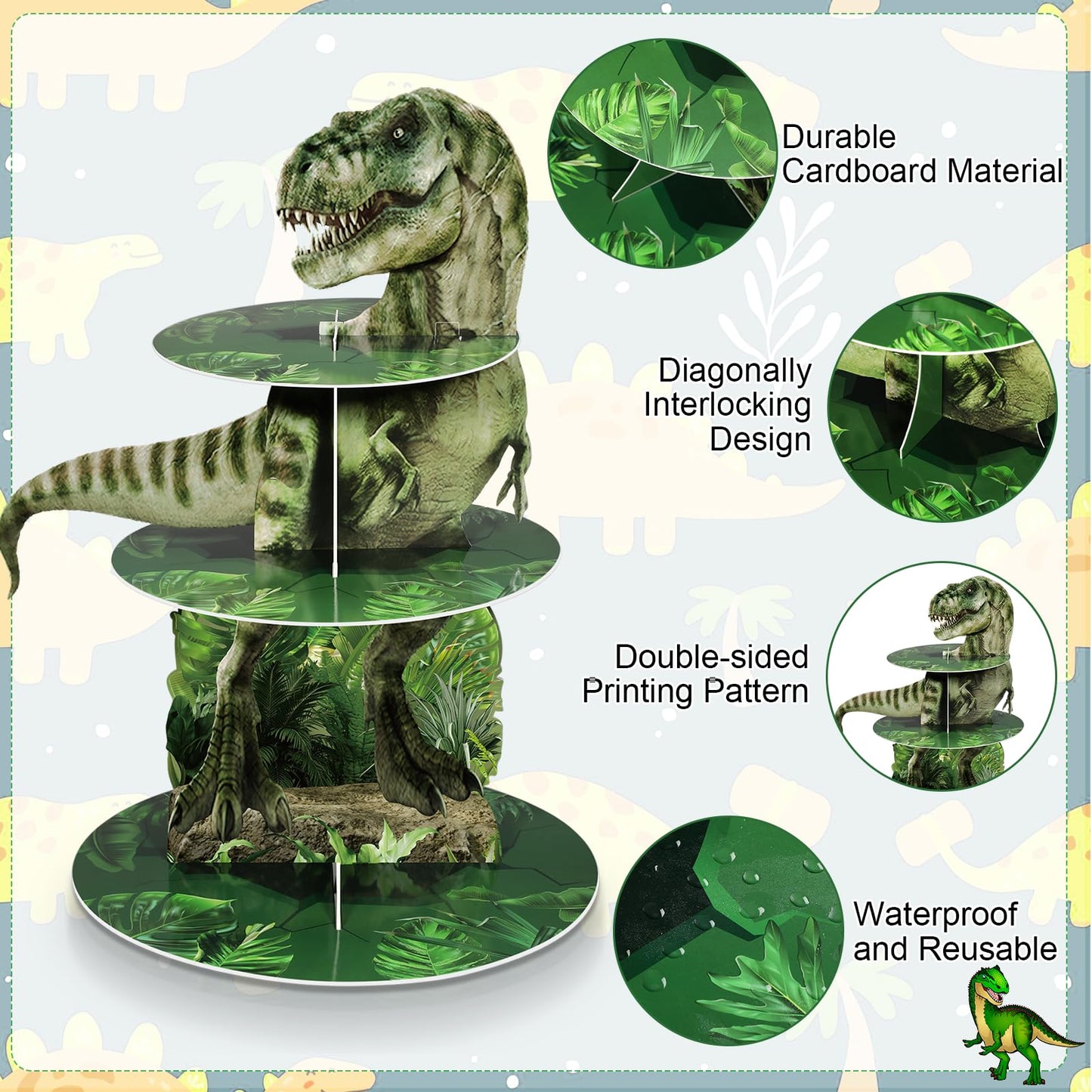 Censen 3 Tier Dinosaur Cupcake Stand Party Decorations Dinosaur Cupcake Holder 24 Pcs Dinosaur Figure Toys Cupcake Toppers Dinosaur Dessert Tower for Boys Dinosaur Jungle Theme Birthday Party Supplies