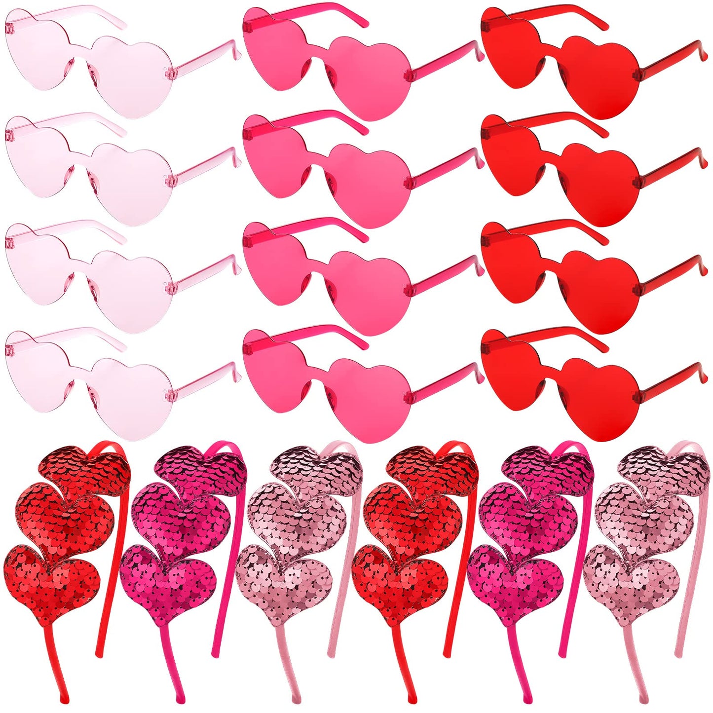 Flutesan 24 Pcs Valentine's Heart Sunglasses and Heart Sequin Headbands Rimless Heart Valentine Glasses, Cupid Love Headband Heart Shaped Glasses Candy Color Eyewear Hair Hoop for Valentine Party