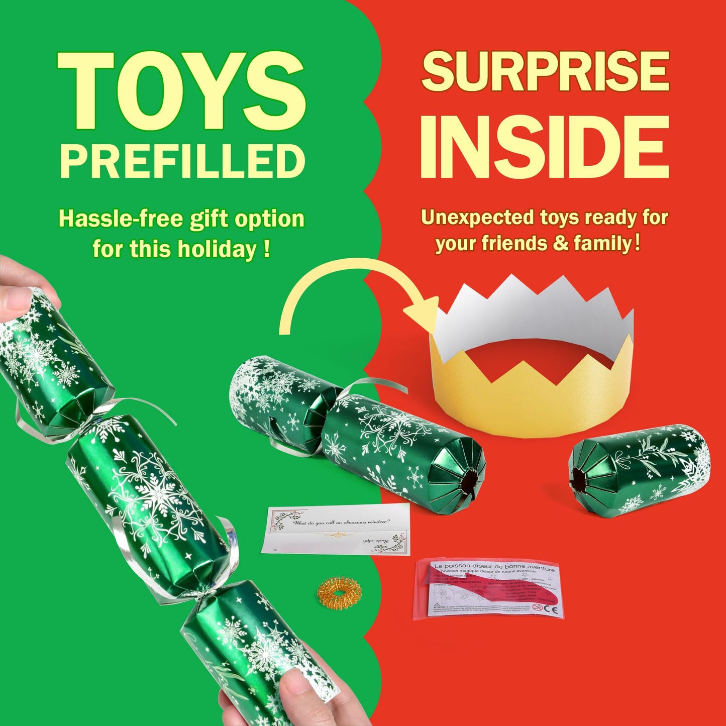 Christmas Crackers, 12 Pack Valentines No Snap Party Favors with Party Hat, Joke & Little Gift Inside for Christmas Thanksgiving Seasonal Holiday Dinner Traditions (Red and Green)