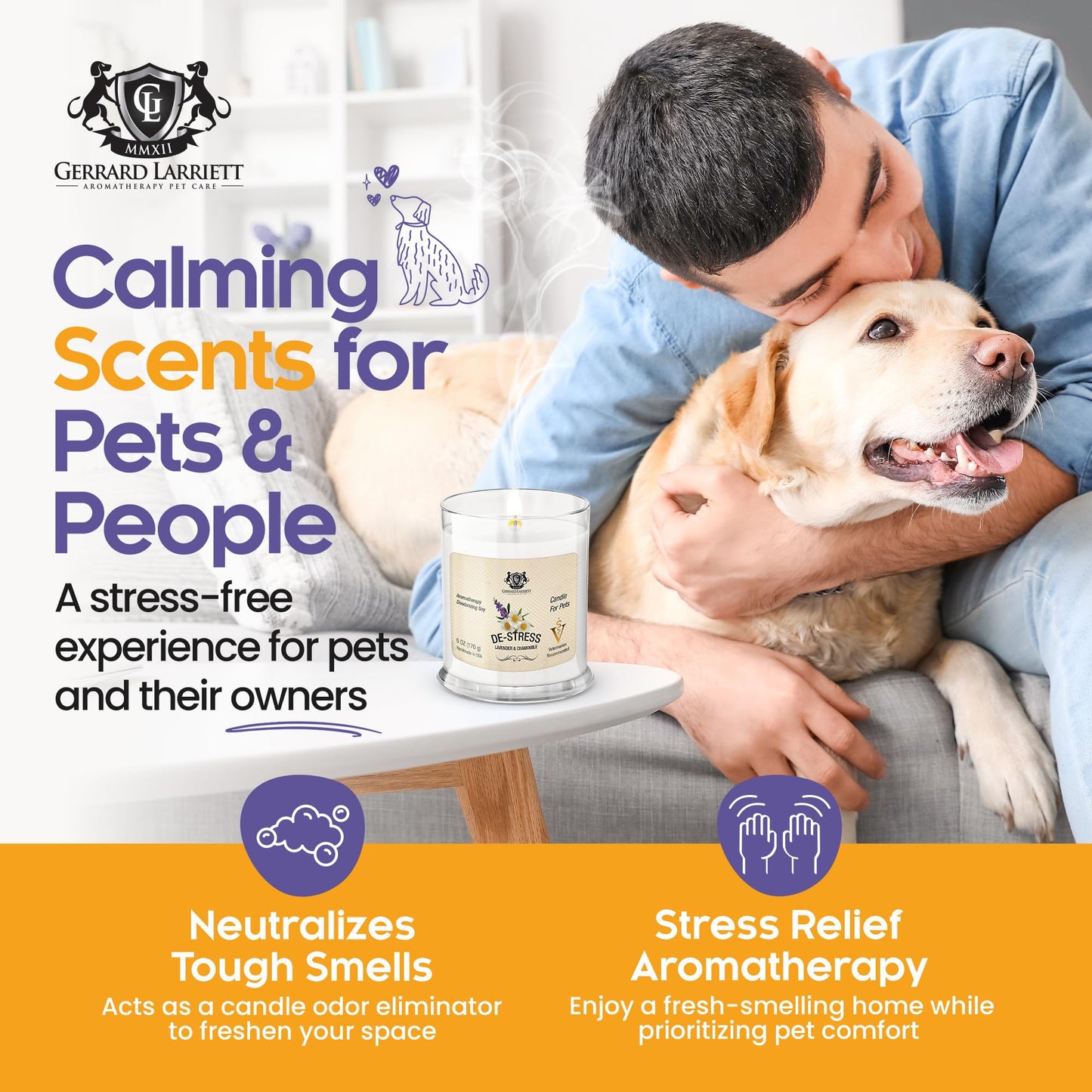 Pet Odor Eliminator Candle Lavender and Chamomile Scented Candle, Pet Candles Odor Eliminator, Soy Wax Calming Candles Aromatherapy, Dog & Cat Friendly Air Fresheners by Gerrard Larriett