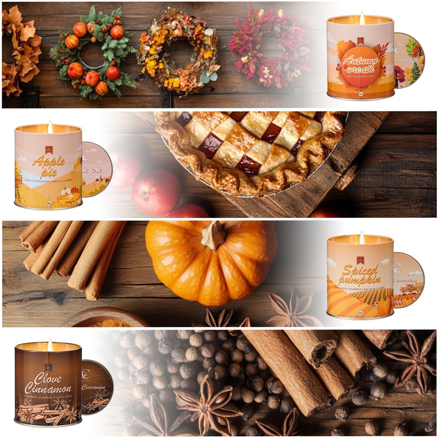 4 Pack Scented Fall Candles Set, 36oz Aromatherapy Soy Wax Candles for Home Scented, Halloween House Warming Gifts Birthday Candle for Women Halloween Apple Pie/Autumn Wreath/Cinnamon/Pumpkin Candle