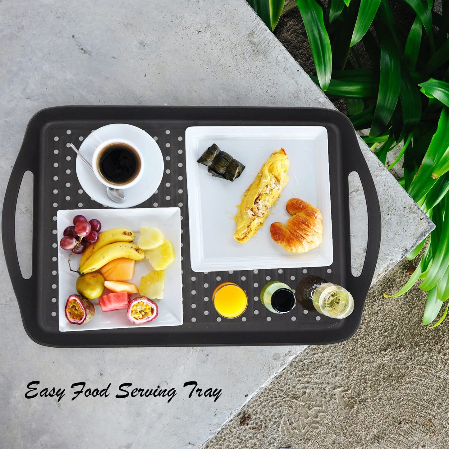 ECOIOU Non Slip Food Serving Tray with Handles, 2-Pack Rectangle Anti-Slip Non-Toxic Dishwasher Safe Tray for Snack Fruit Dessert Breakfast Drink (Black)