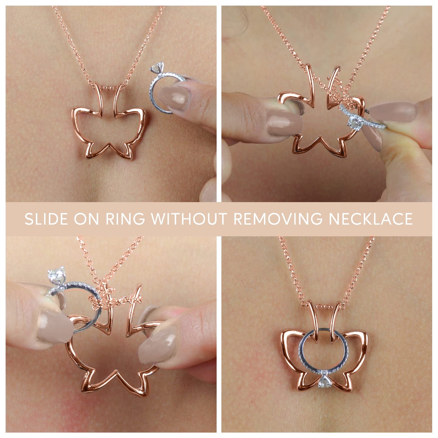 Emily C Ring Holder Necklace - Stainless Steel Necklace with Rose Gold Finish - Engagement Gift for Doctors & Nurses - Gift for Mom or Grandmother - Butterfly