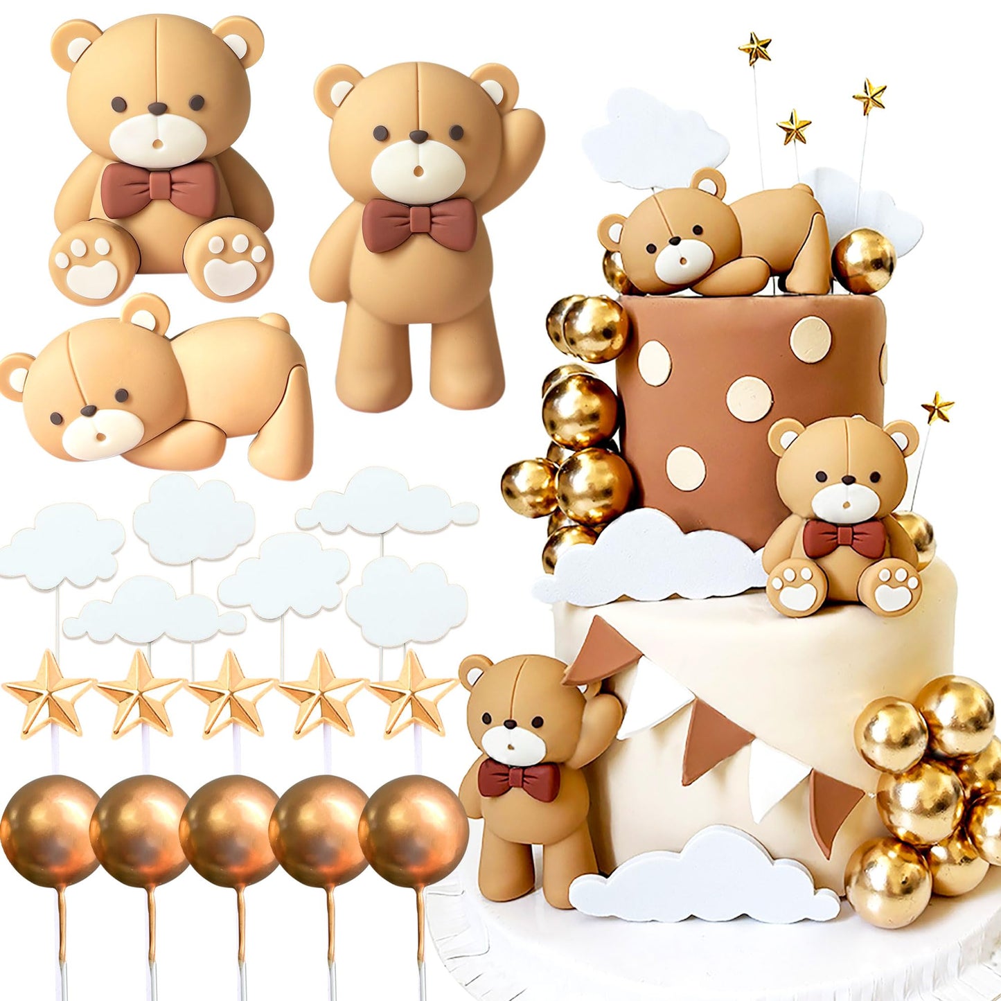 JeVenis Luxury Beige Brown Bear Cake Decoration Beige Brown Balls Cake Topper Boho Bears Cake Cake Decoration Baby Shower Birthday Cake Decoration